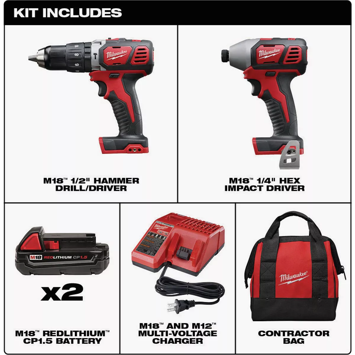 Milwaukee M18 2-Tool Cordless Compact Hammer Drill & Compact Impact Driver Combo Kit with (2) 1.5 Ah Batteries & Charger