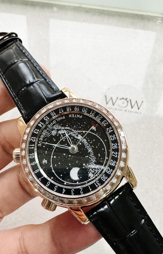 Replica PATEK PHILIPPE 6104P Moon RG Black Dial Diamond Bezel on Black Leather Strap A240 V2 - Elite Watch Atelier