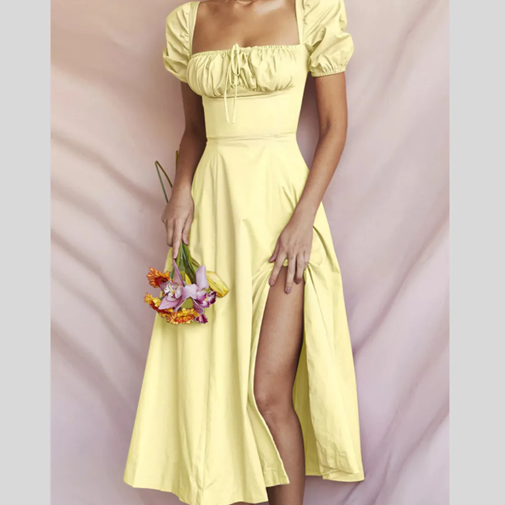 Puff Sleeve Tie Front Slit Midi Dress - ZKZOOK