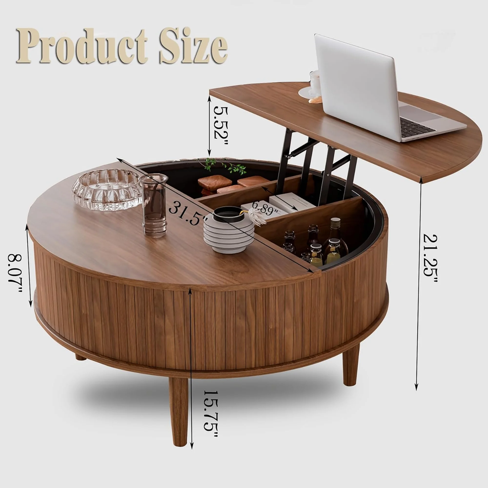 Oubayajia Round Coffee Table, Small Fluted Lift Top Center Table for Home Living Room Office, Walnut - Image 2