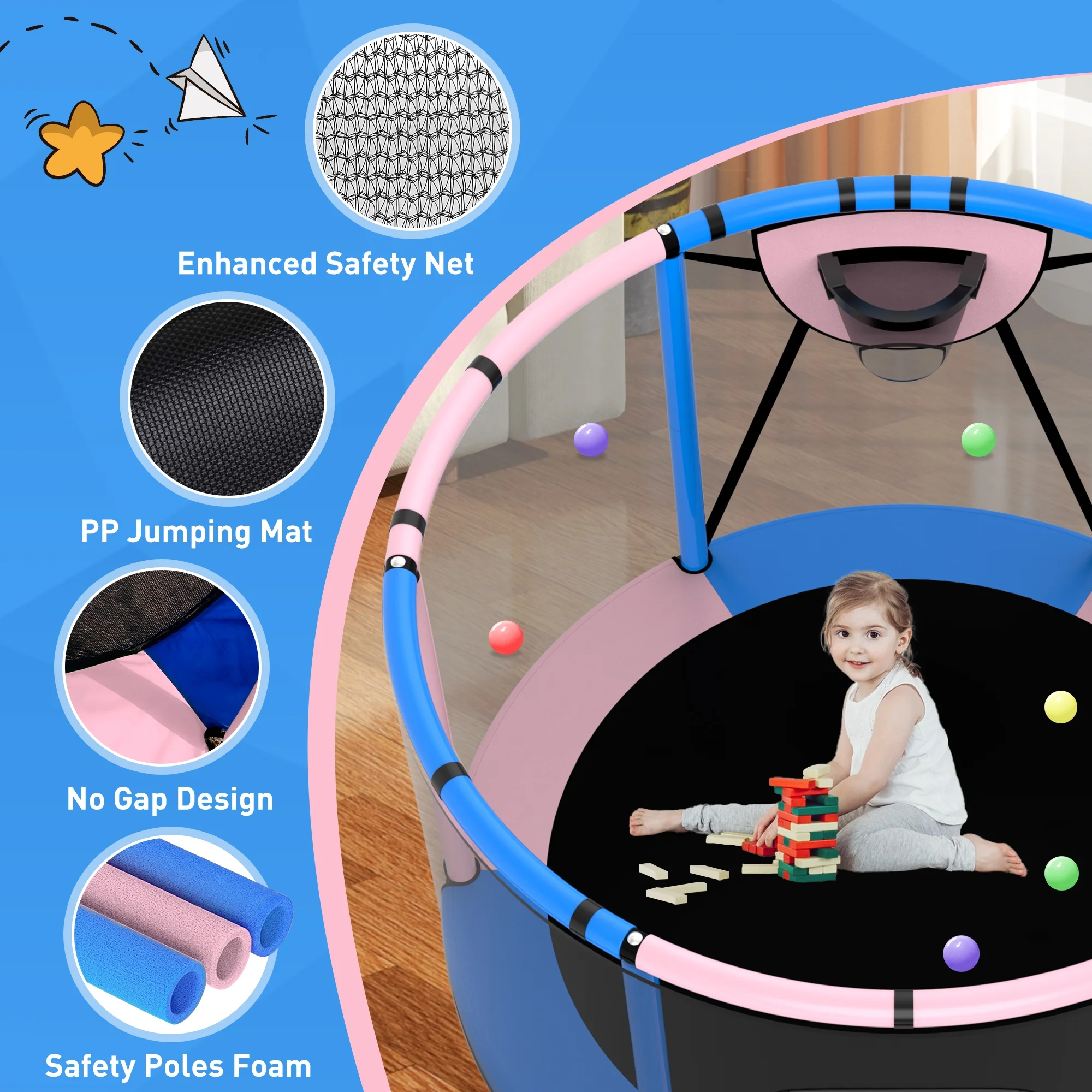 CITYLE Trampoline for Kids 600LBS 60'' 5FT Toddler Trampoline Indoor Outdoor with Basketball Hoop, Swing, Adjustable Bar, Mini Small Trampoline with Enclosure, Gifts for Toddlers, Boys & Girls - Image 15