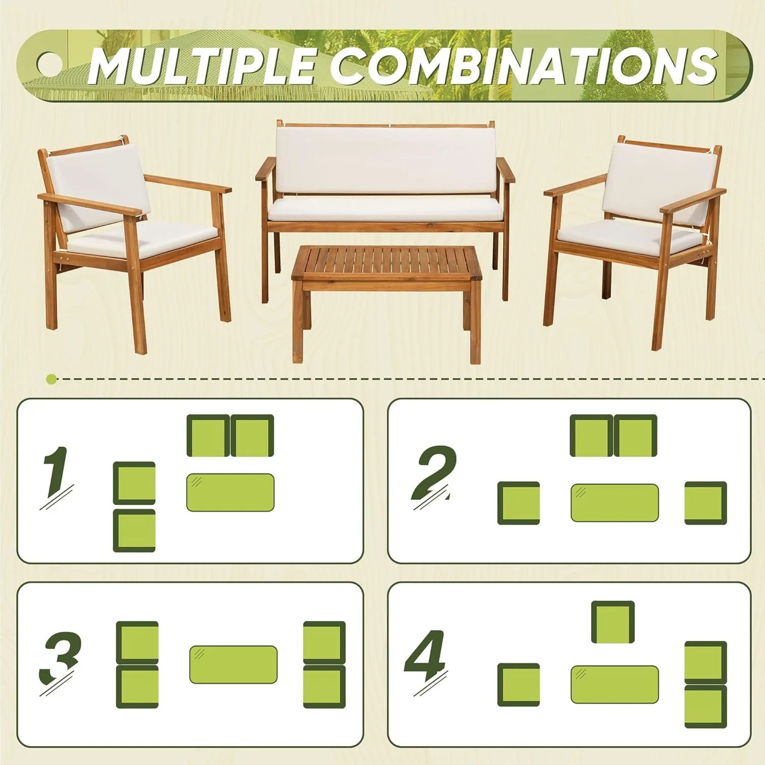 Flamaker 4-Piece Outdoor Acacia Wood Patio Conversation Sofa Set With Table And Cushions - Image 5 Flamaker 4-Piece Outdoor Acacia Wood Patio Conversation Sofa Set With Table And Cushions - Image 5