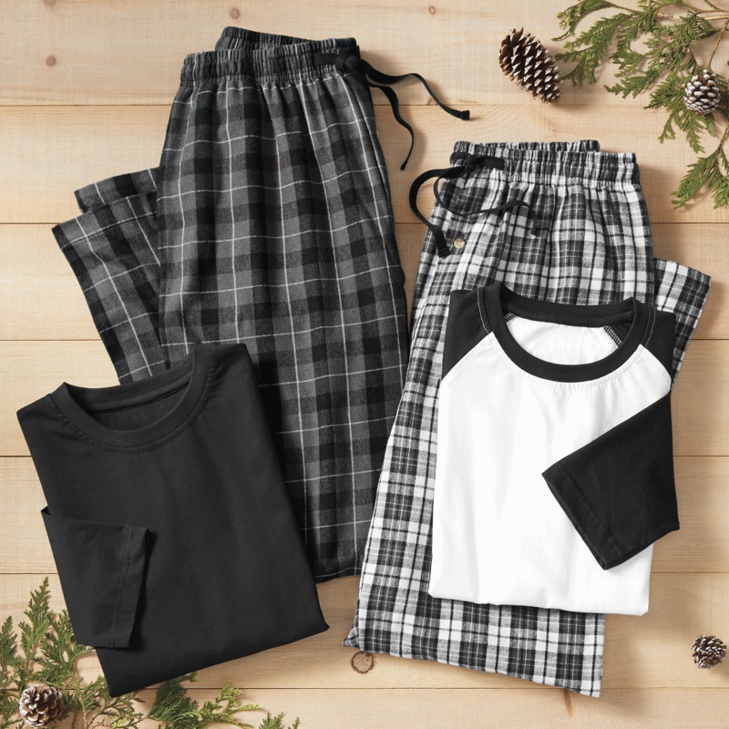 4-Piece Men’s Gray/Black PJ Set with Cotton Knit Tops and Plaid Flannel Pants - MIDNIGHT VELVET CATALOG