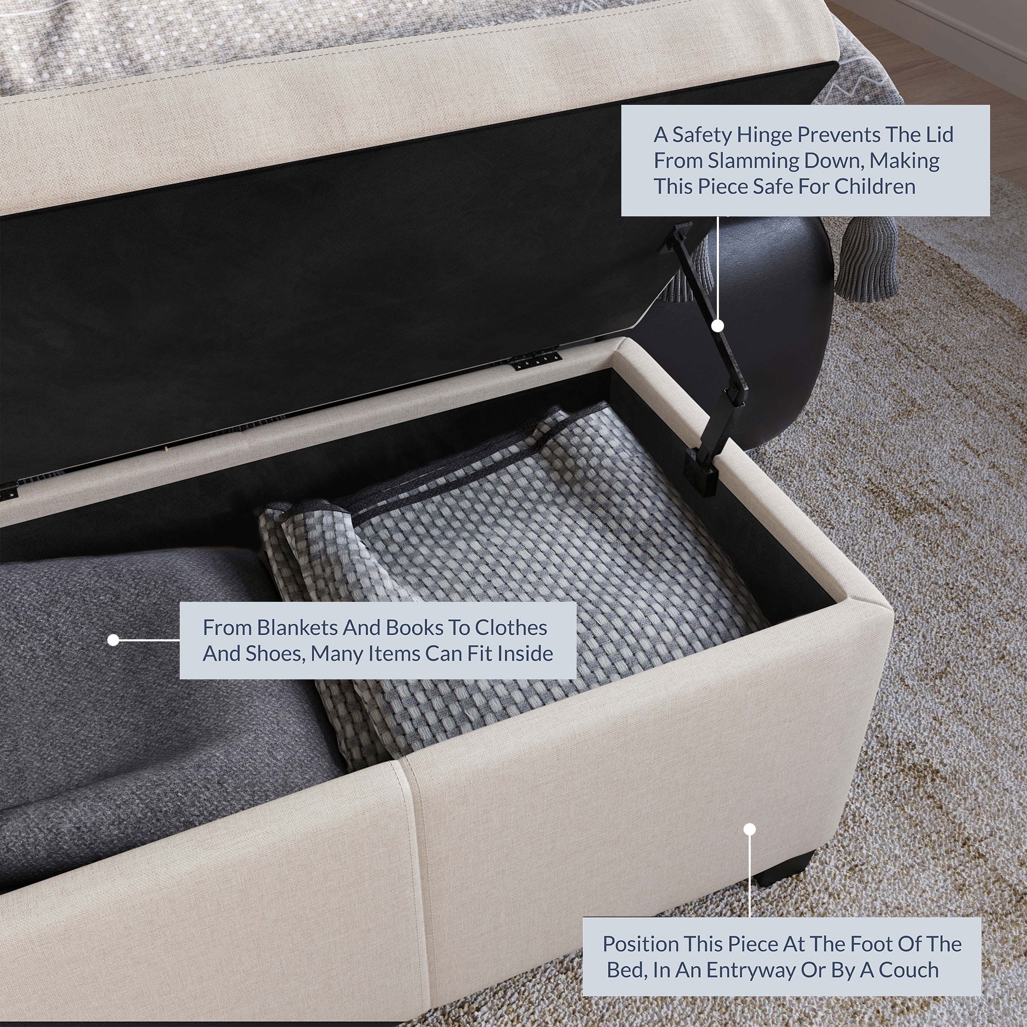 BELLEZE Storage Ottoman Bench Footstool - Amherst (Beige) - Image 2