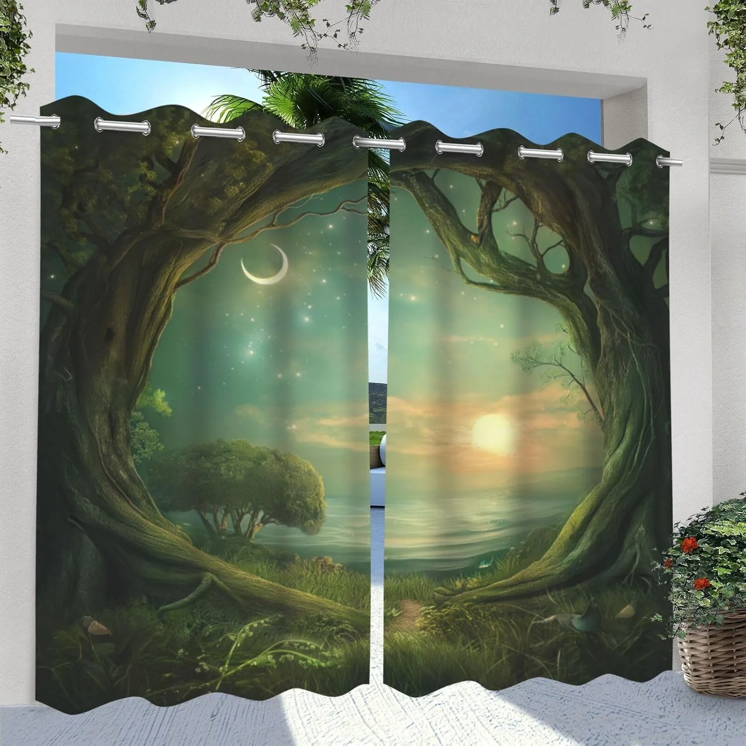 Forest Theme Waterproof Outdoor Curtains for Patio,Trees Moon Lake Pattern,Grommet Curtain for Bedroom, Porch, Living Room, Pergola, Cabana,2 Panels,W54 x L84,Green