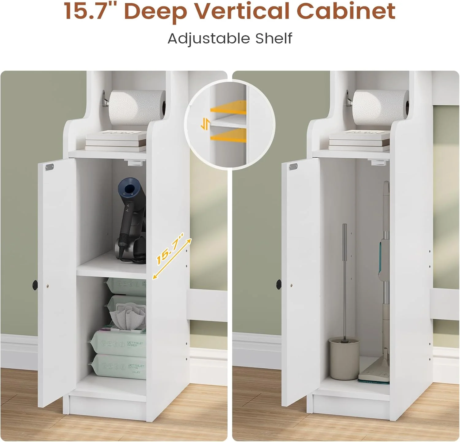 Over The Toilet Storage Cabinet with 3 Doors, Farmhouse Space Saver for Bathroom Organizer with Paper Holder, 10 Shelves and Hooks, 7-Tier Over Washing Machine Cabinet for Laundry, Bathroom, Natural - Image 18