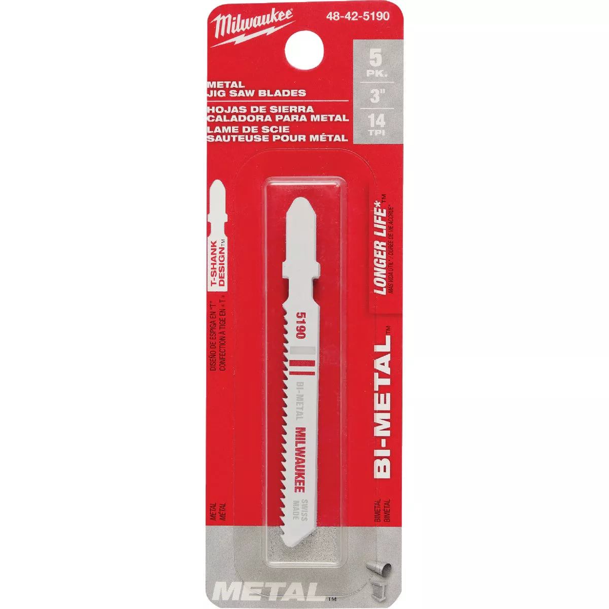 Milwaukee T-Shank 3 In. x 14 TPI Bi-Metal Jig Saw Blade, Metal Cutting (5-Pack)