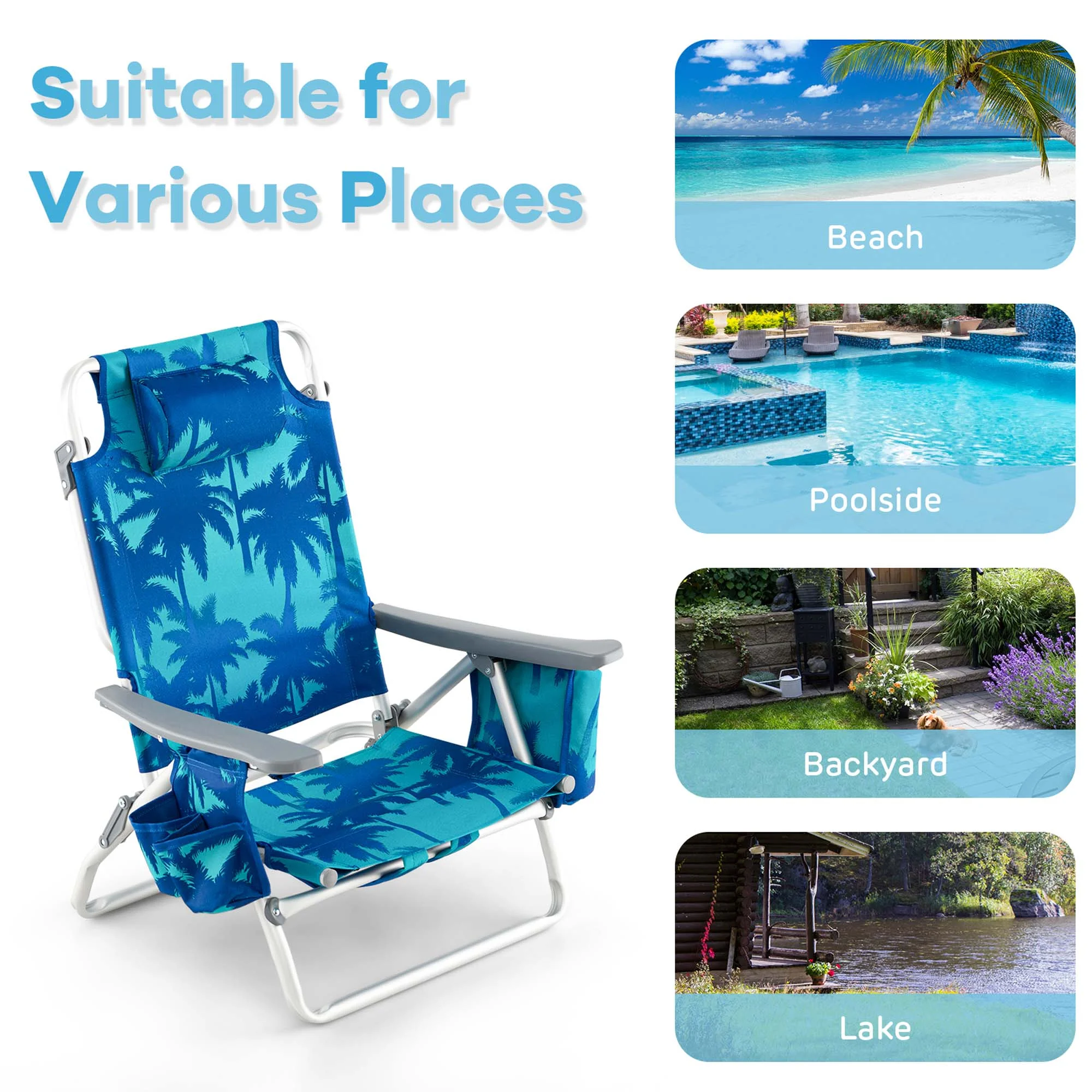 Costway 2-Pack Folding Backpack Beach Chair Table Set 5-Position Outdoor Reclining Chair Pink - Image 76