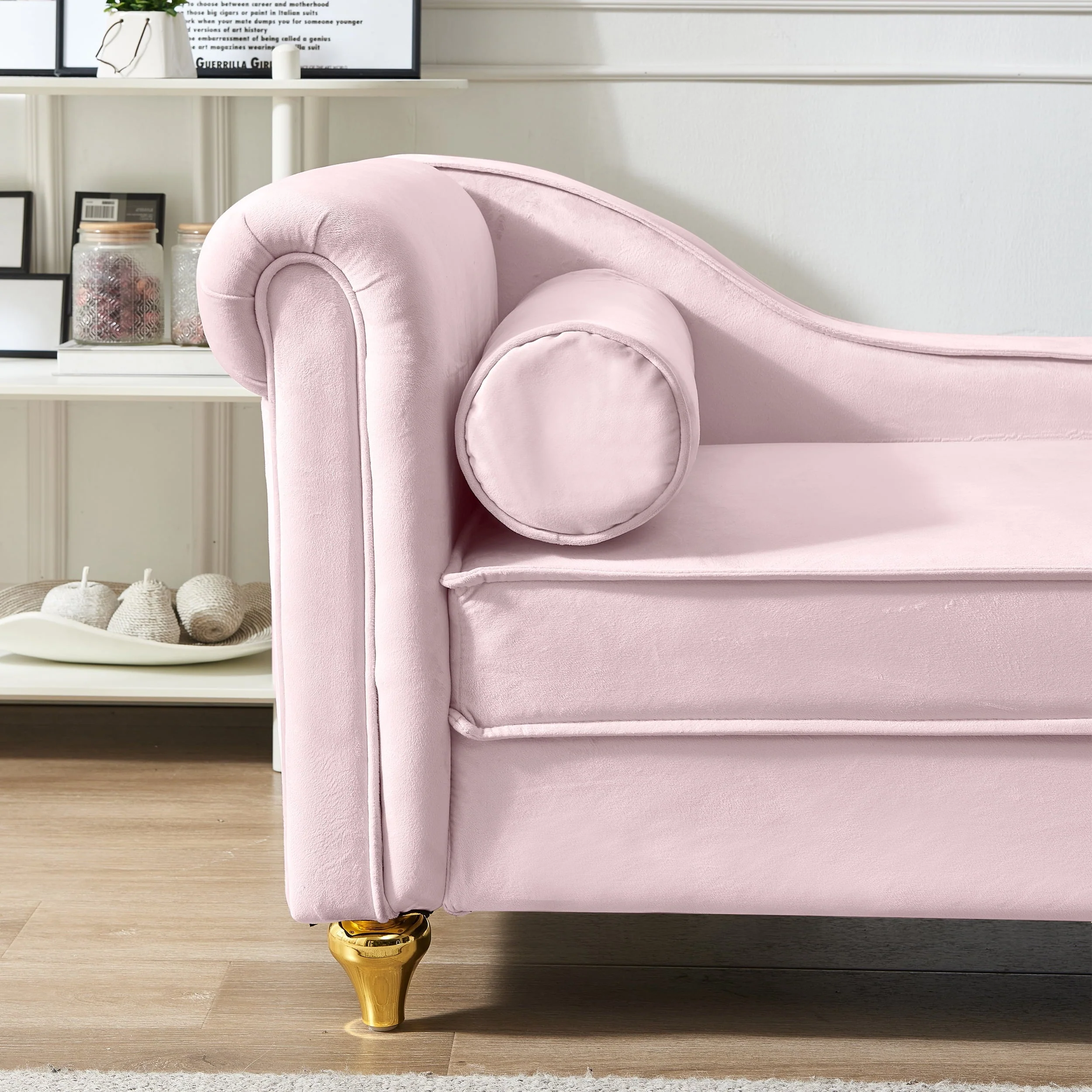 60.6" Velvet Chaise Lounge with Storage, Small Sofa Trimmed with Solid Metal Legs with 1 Pillow, Pink - Image 11