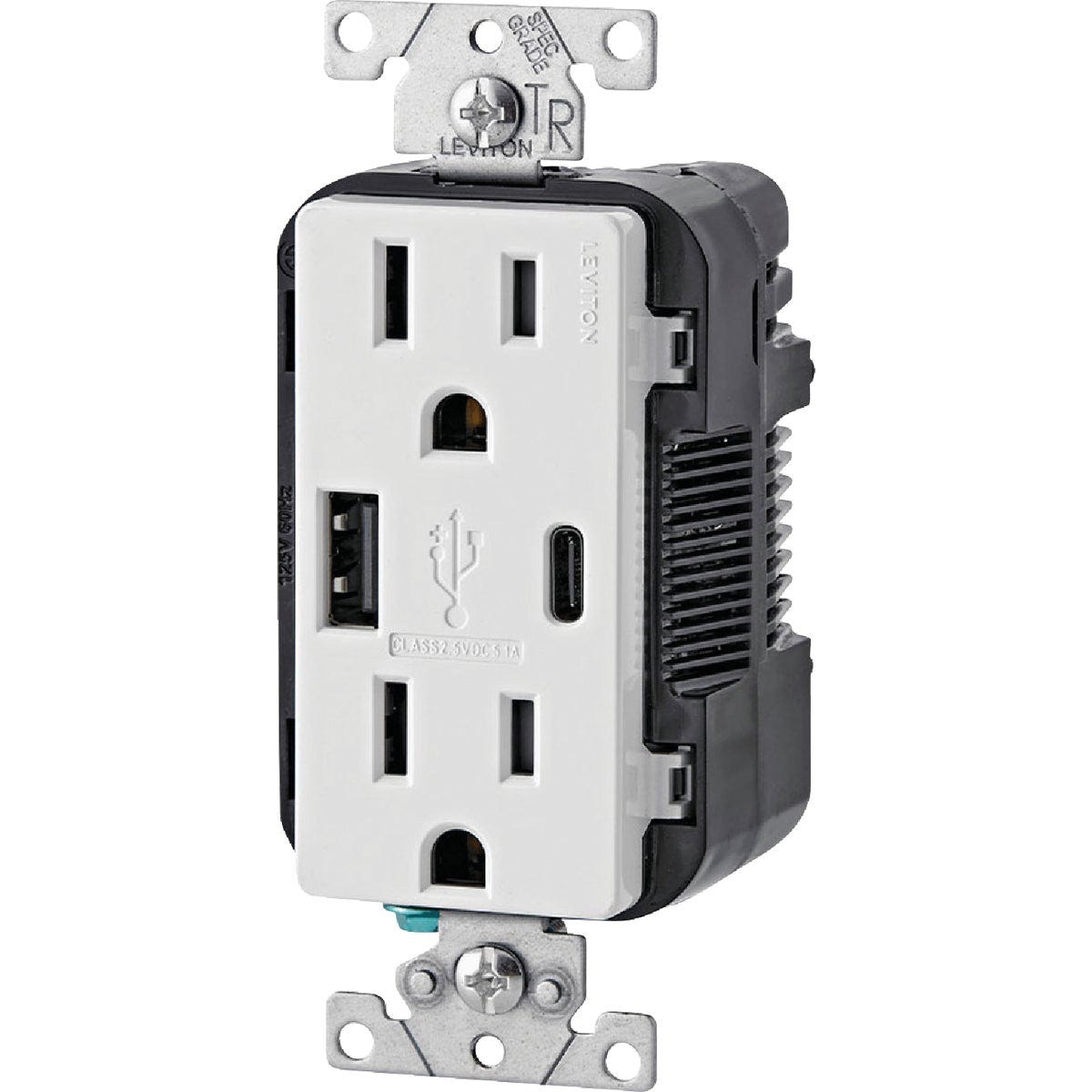 Leviton Decora 5.1A 5V White Type A/C USB Charging Outlet with 15A 125V 5-15R Tamper Resistant Duplex Outlet