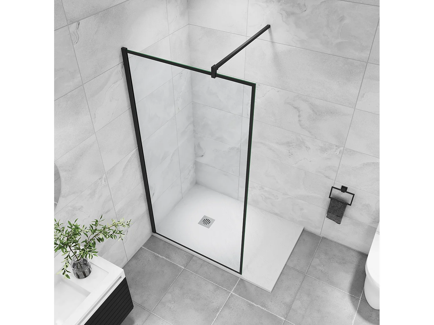 Paroi de douche noire 90x200cm à l'italienne avec barre de fixation noire 140cm en carré, en 8mm verre trempé anticalcaire