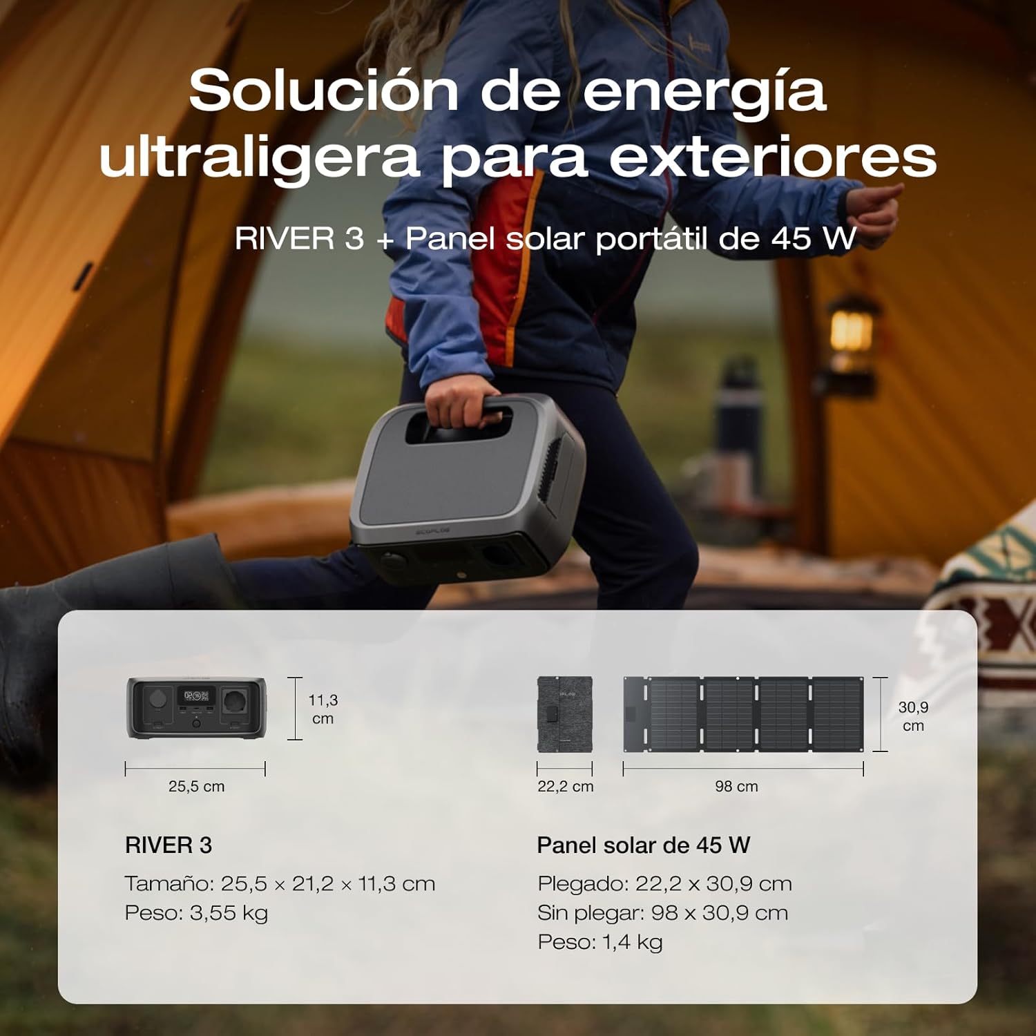 Estación de energía portátil EF EcoFlow RIVER 3 con panel solar 45 W, batería LFP 245 Wh, salida 600 W, eficiencia con GaN que duplica la duración, SAI en