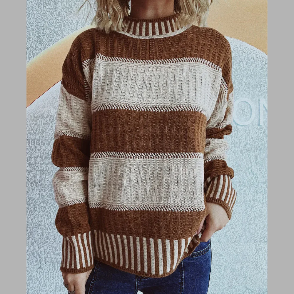 Contrast Round Neck Casual Long Sleeve Sweater - ZKZOOK