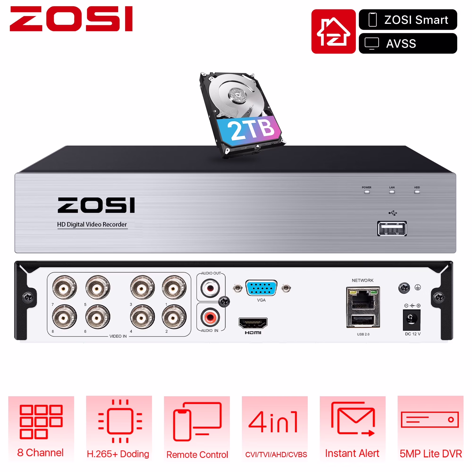 ZOSI H.265+ 8CH 5MP Lite CCTV 4-in-1 DVR for CCTV Security Security Camera System with 2TB HDD Home Outdoor