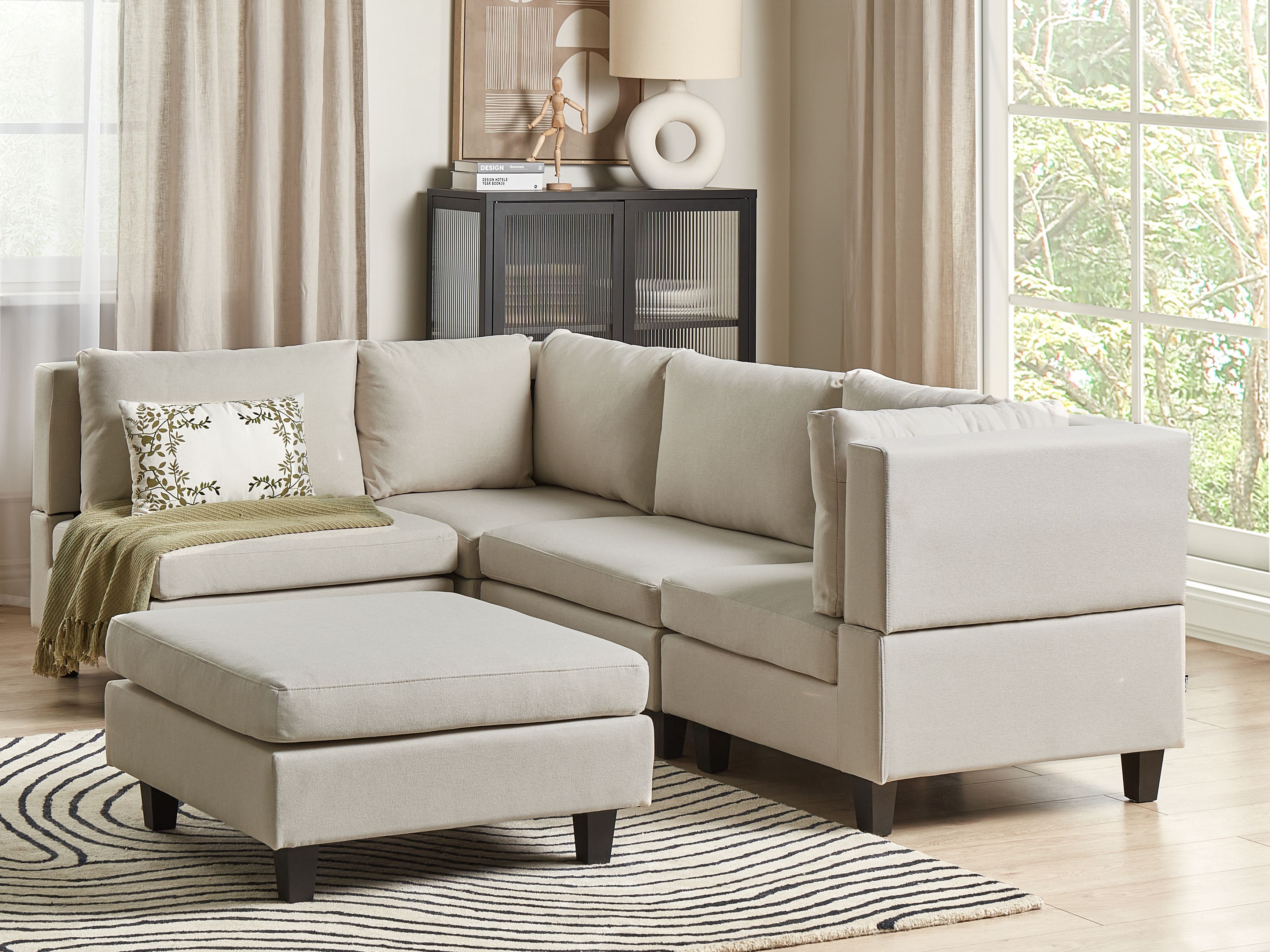 Modular Corner Sofa 4 Seater UNSTAD Fabric Light Beige with Ottoman Right Hand