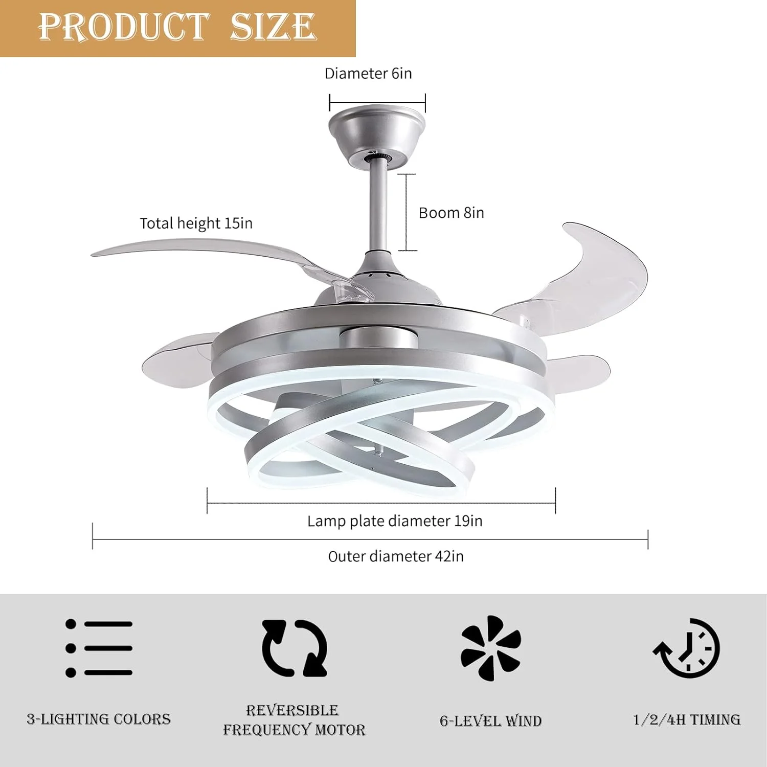 EAYSG 42inch Invisible Ceiling Fan Chandelier Light,Modern DIY Ceiling Fan Light Remote Control 4 Retractable ABS Blades for Bedroom Living Dining Room Decoration(Silver)