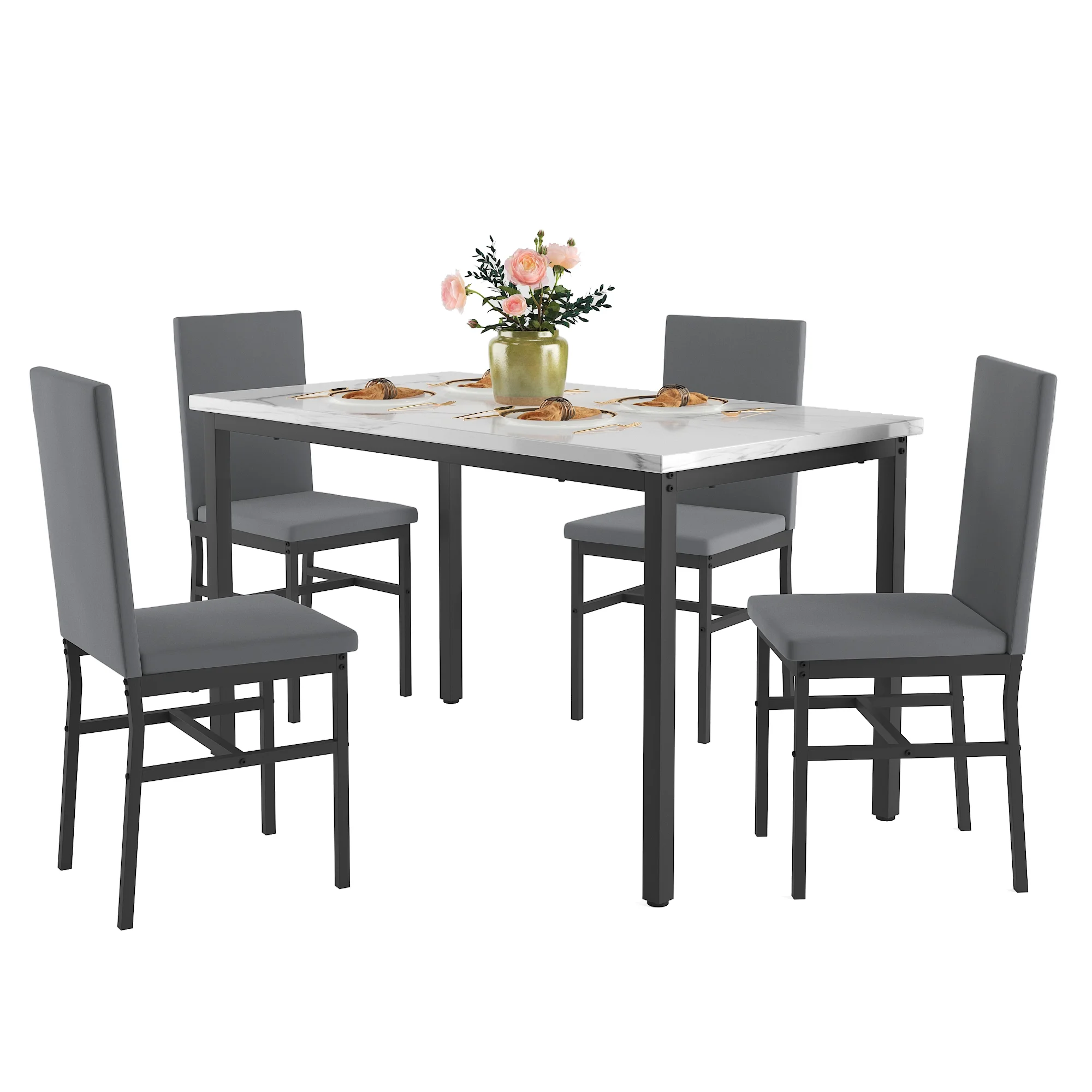 5 Piece Dining Set, Modern Dining Table and Chairs Set for 4, Counter Height Bar Table Set, Modern Pub Table with 4 Velvet Fabric Cushioned Stools, Faux Marble Dining Table & Stools Set, D9297 - Image 16