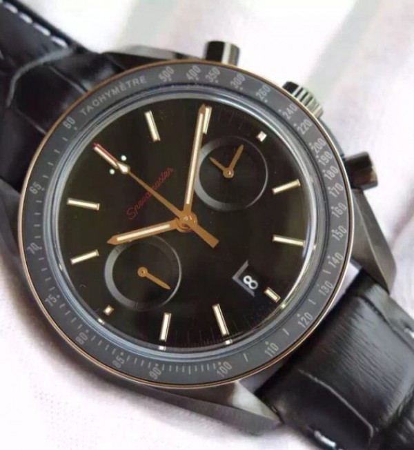 Replica Omega Speedmaster Moonwatch Co-Axial Chronograph Sedna Black Leather A9300 - Elite Watch Atelier