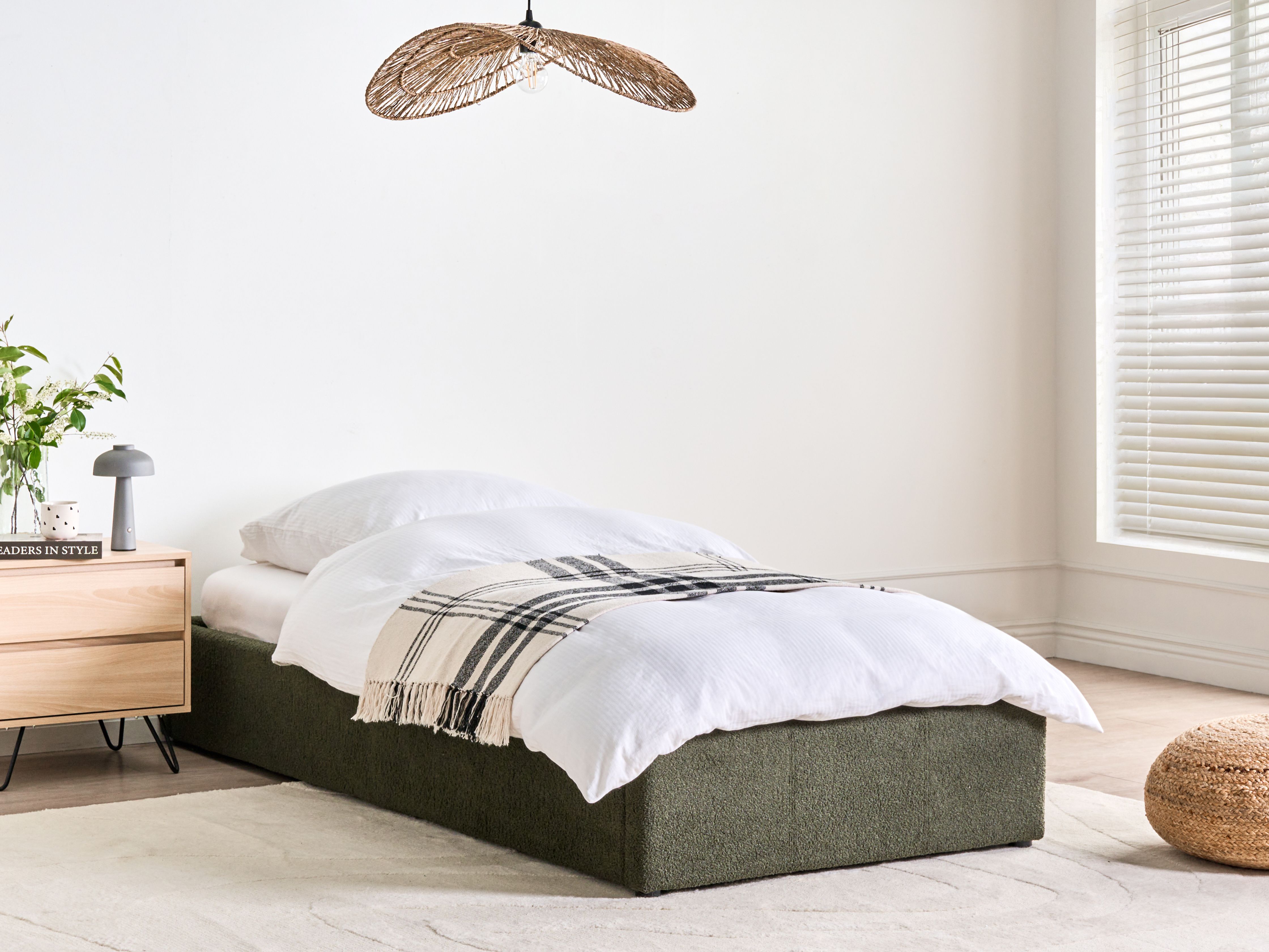Ottoman Bed without Headboard Boucle DINAN 90 x 200 cm (EU Single) Dark Green