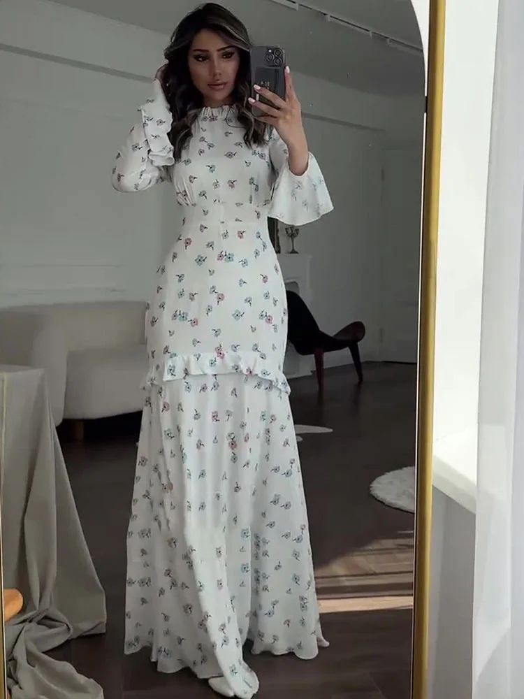 Ruffle Printed Long Sleeve Long Dress Women’s Elegant Contrast Color Slim Fit Lace Waist Casual Summer Fashion Long Dress - AZJHJ