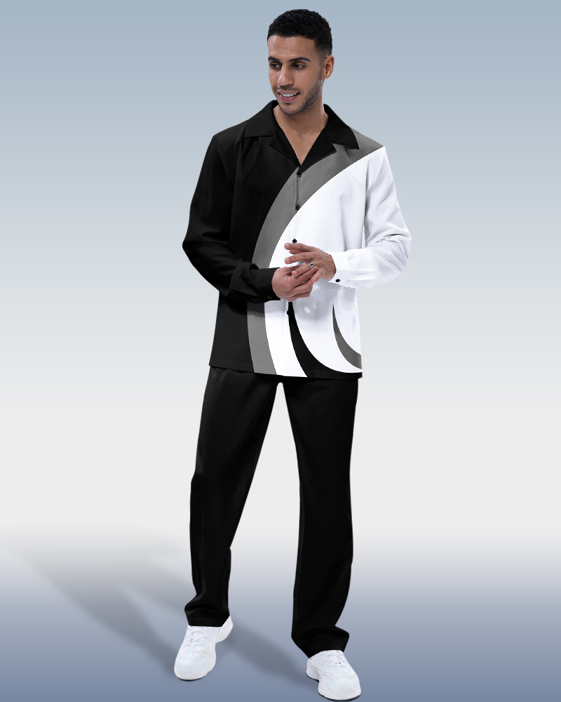Suitmens Men's White Black Color Block Long Sleeve Walking Suit