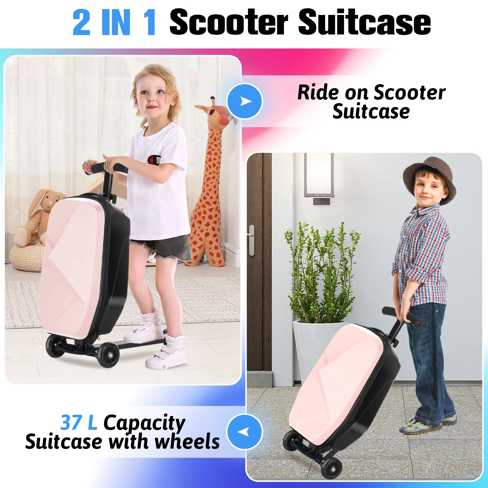 Advwin Scooter Luggage for Kids & Adults, Hardside Ride on Suitcase for Kids Ages 4-15 Multifunctional Lightweight Foldable Carry on Luggage with Wheels Ride on for Children Teenagers, Pink - Image 14