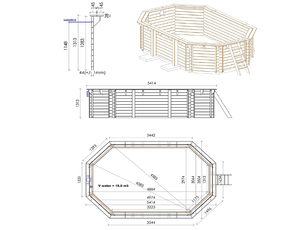 Piscine bois SWIMWOOD octogonale 541x350x131 cm EMEO – 14m³ – filtration sable 8m3 h