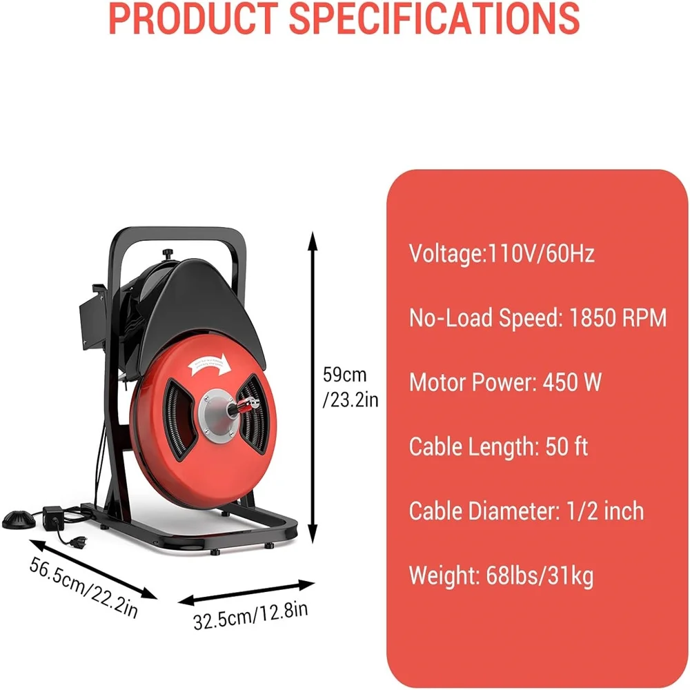 50FTx1/2 Inch Drain Cleaner Machine, Sewer Snake Electric Drain for 2