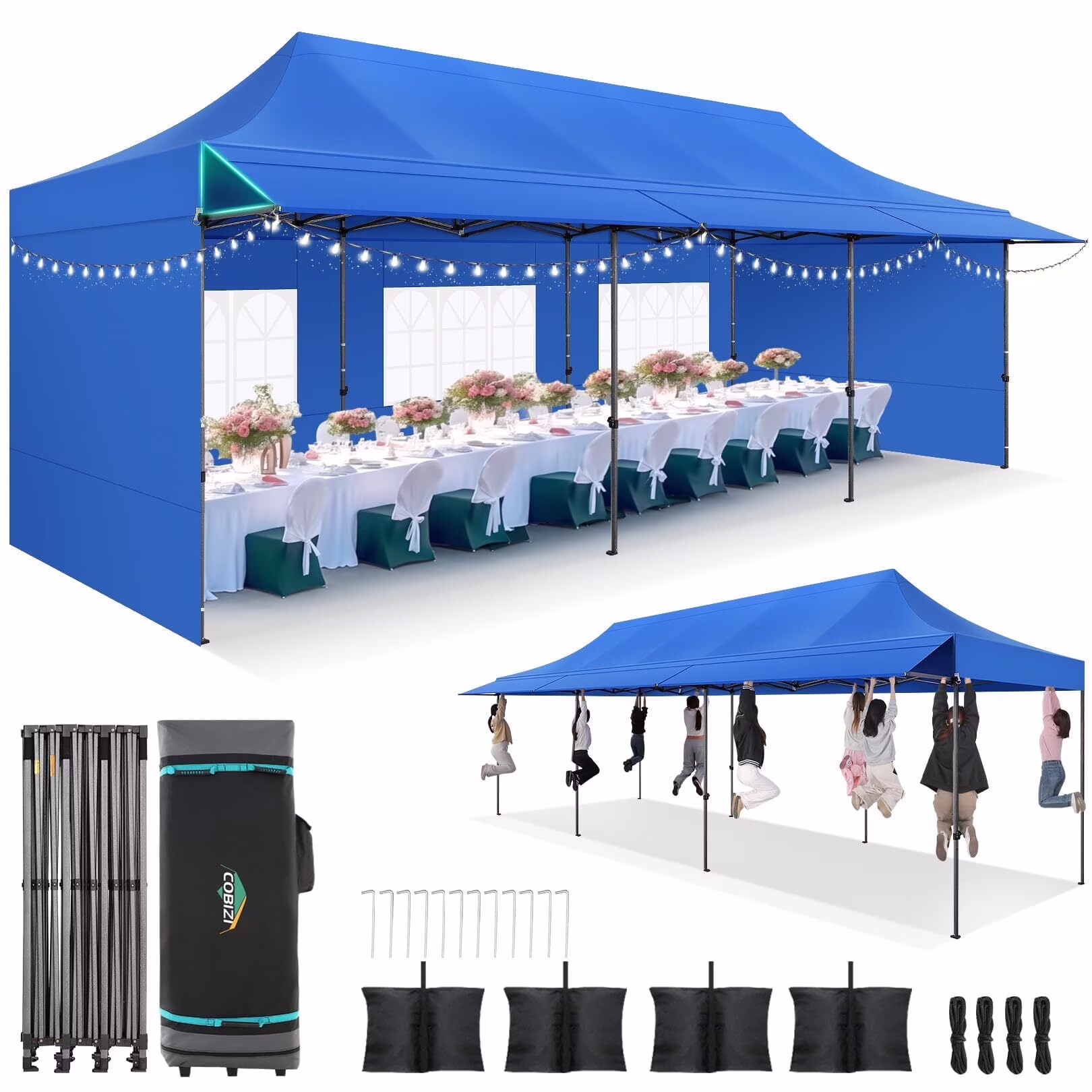 COBIZI 10x20 Pop Up Canopy Heavy Duty Party Tent with Removable Awning and Sidewalls,Easy Up Outdoor Wedding Canopy,Gazebo All Season Windproof&Waterproof with Roller Bag UPF 50+,Black - Image 15