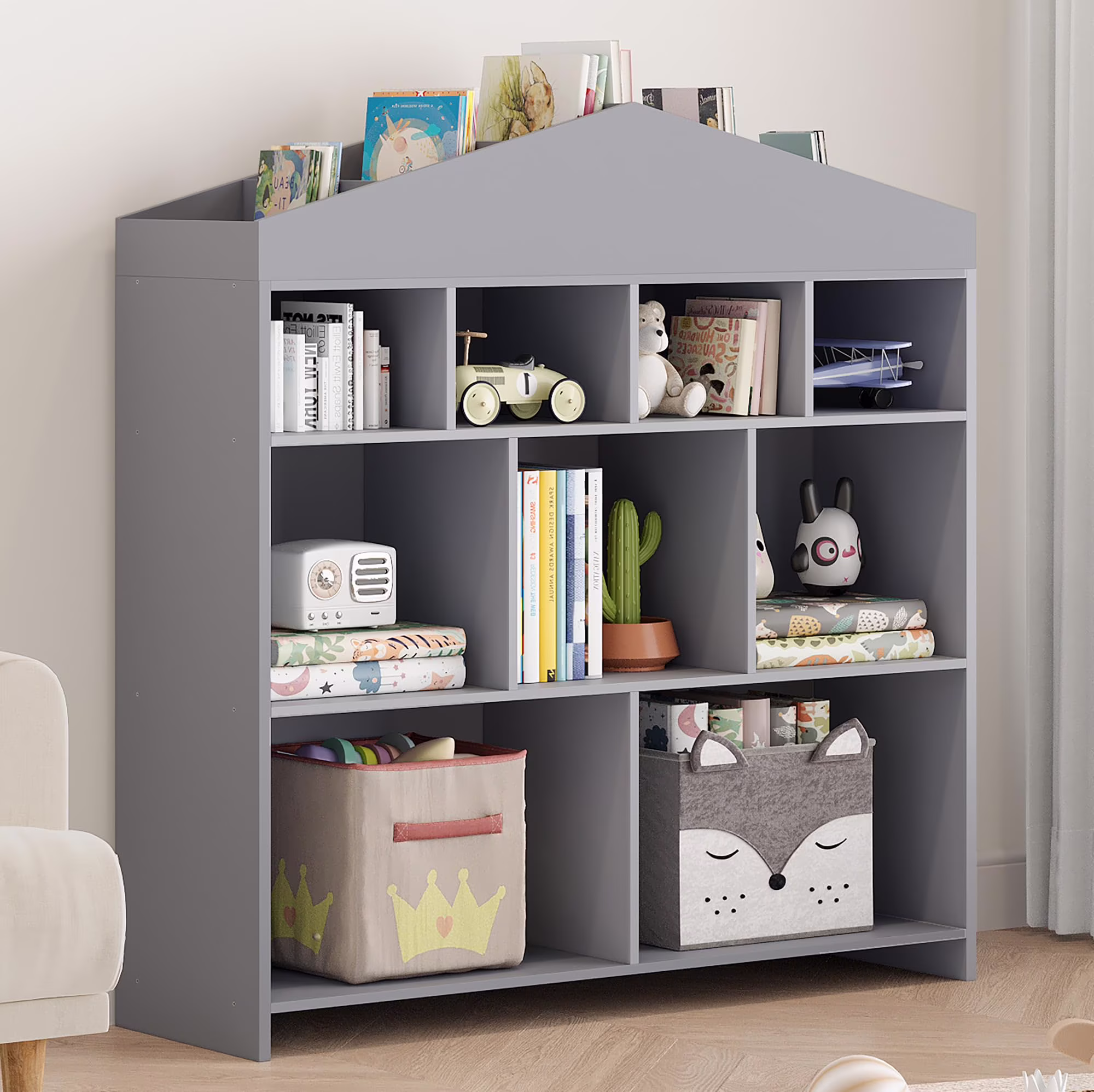 DSstyles Kids Bookshelf 9-Cubby Toy Storage Organizer White Bookcase Toddlers Playhouse Cabinet Shelf for Boys Girls Wooden Storage Toy Shelf for Playroom, Nursery, Kids Room - Image 3