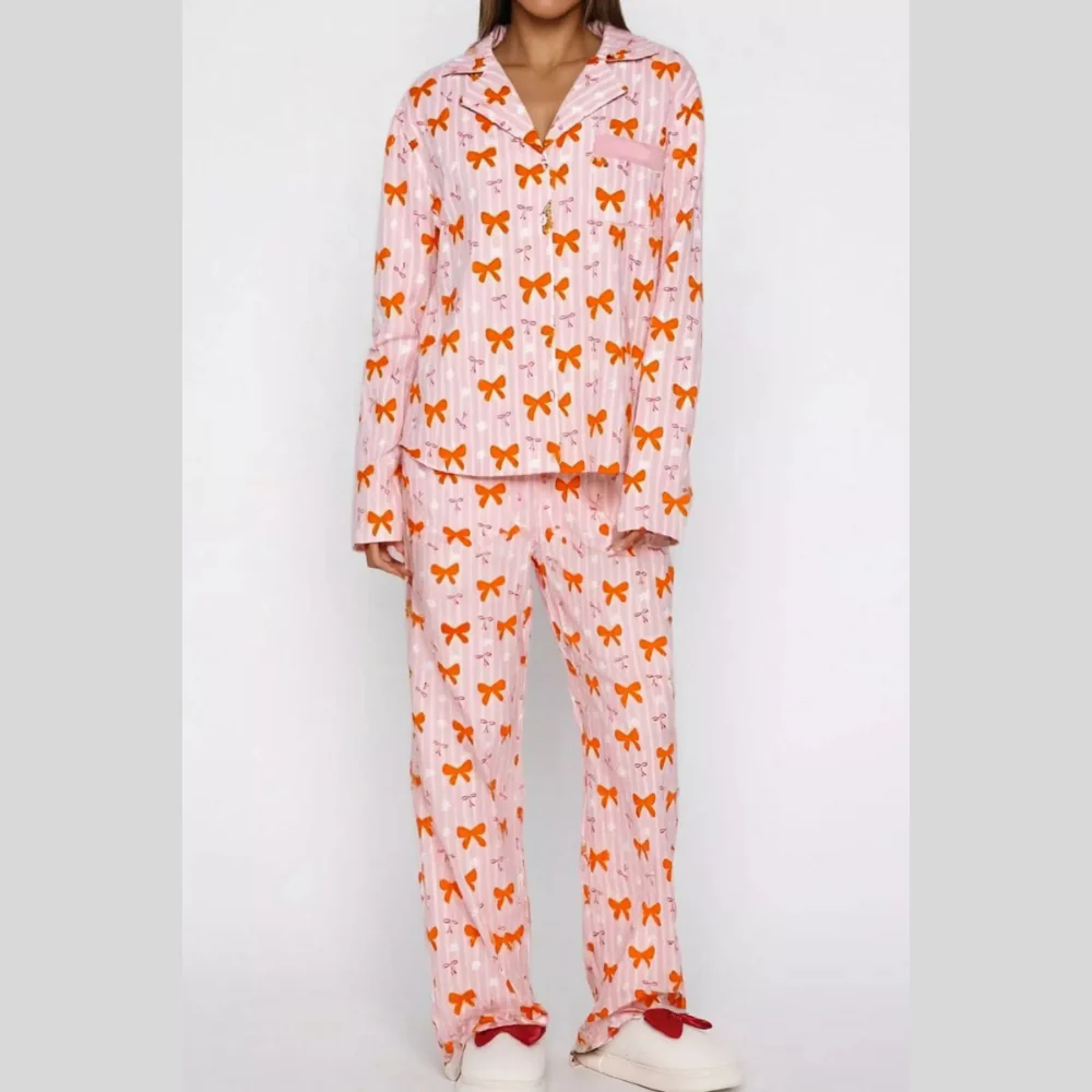 Bow Print Top and Wide Leg Pants Lounge Set - ZKZOOK