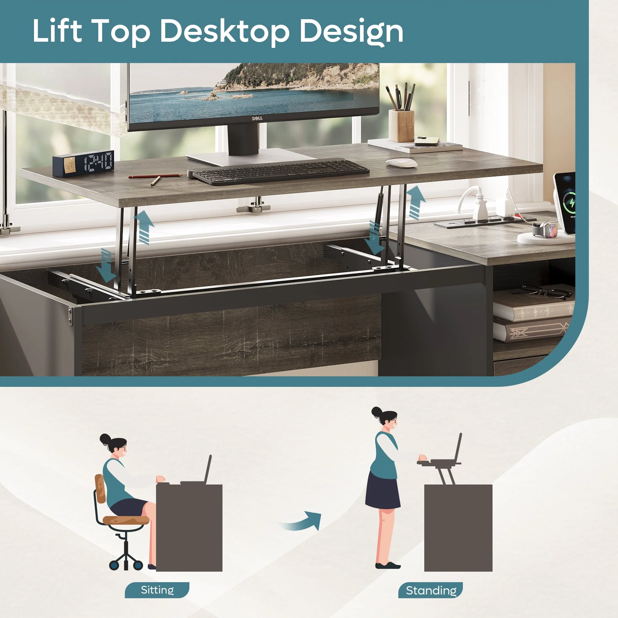 Bestier Computer Desk with Drawers Power Outlet 60" Office Desk Lift Top Desk, Gray - Image 9