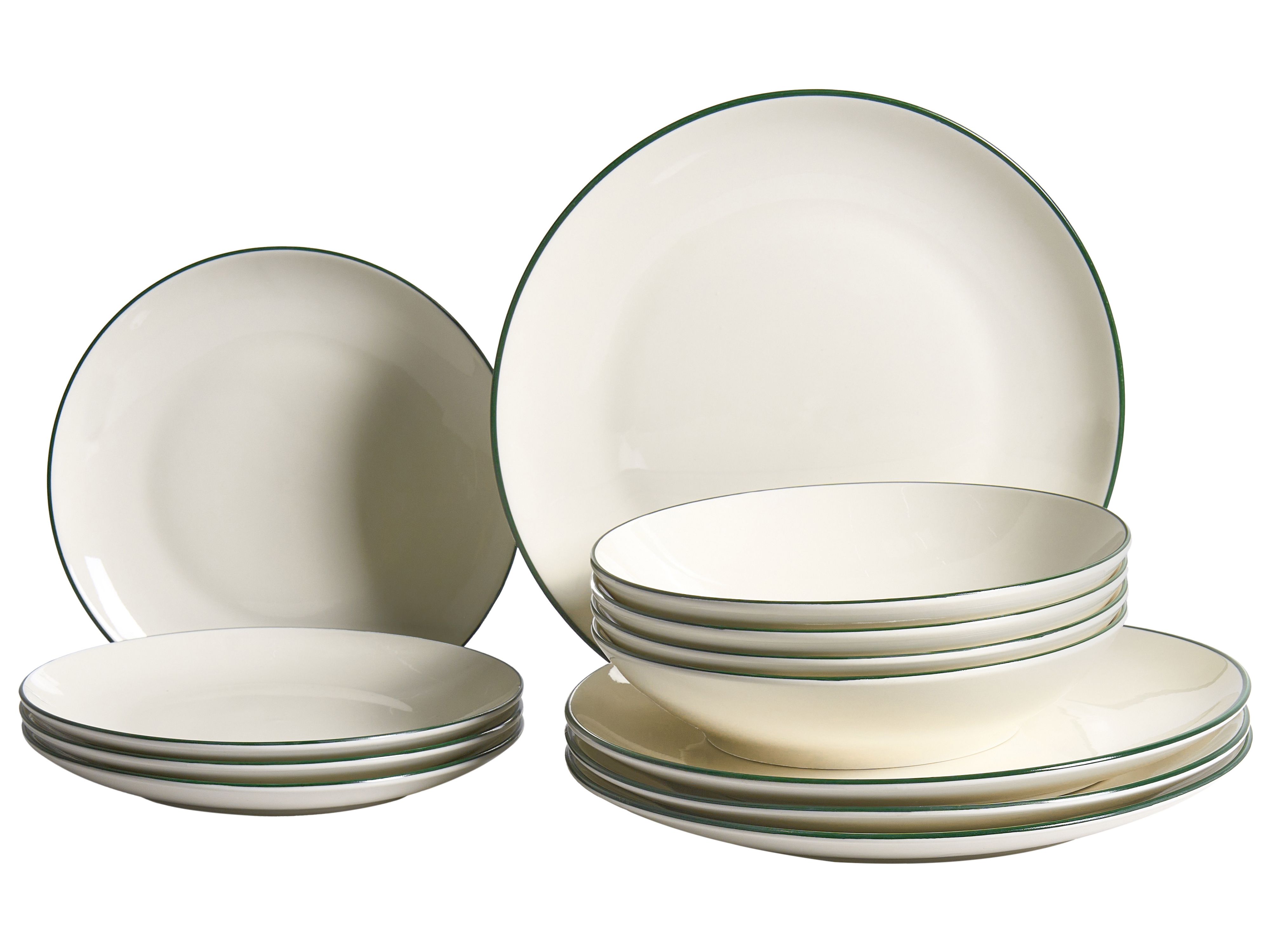 Set of 12 Dinnerware CUMIN Porcelain Off-White/ Green