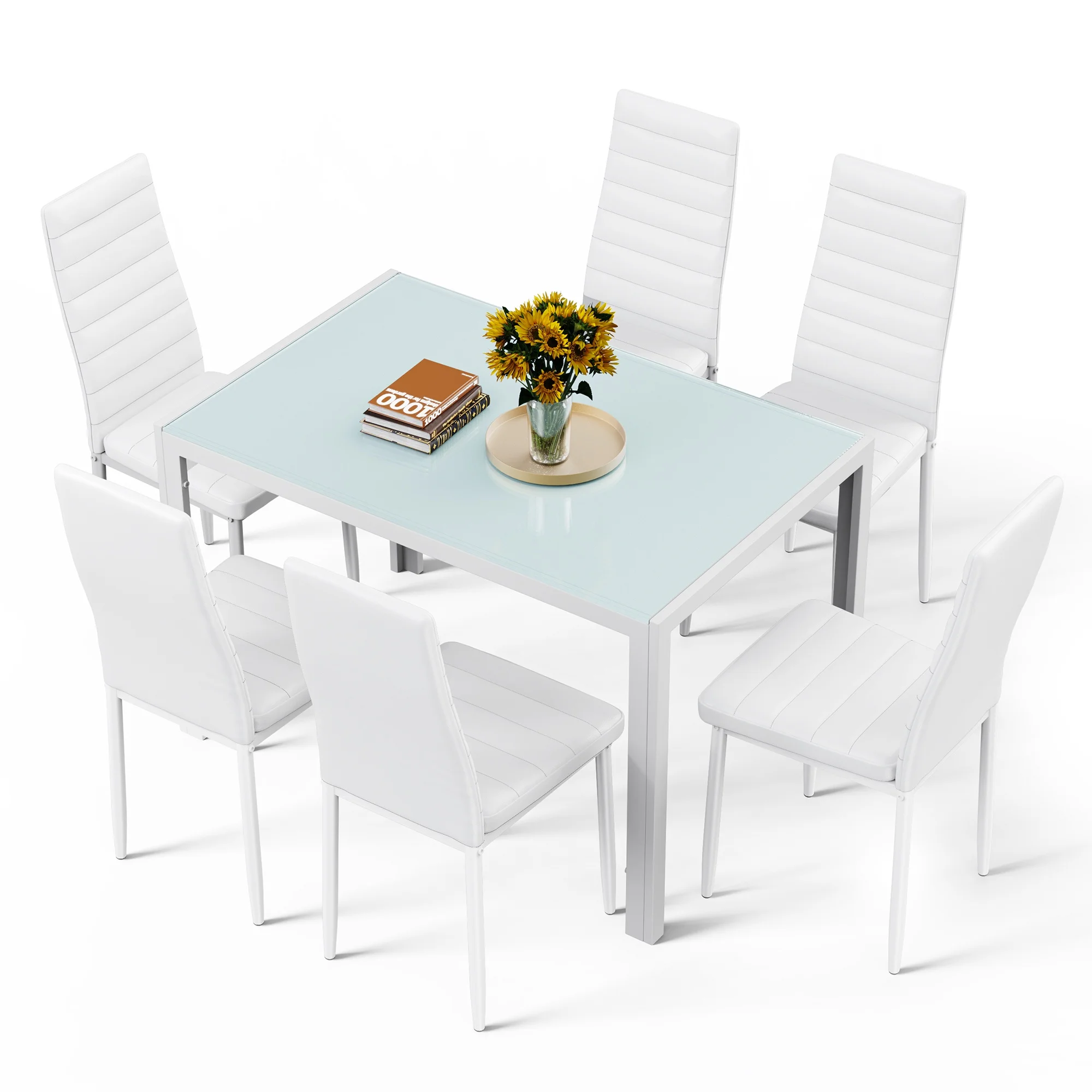 Asofer Modern 7 Piece Dining Table Sets for 6, Glass Kitchen Table, PU Leather Chair, Dining Room, Black - Image 14