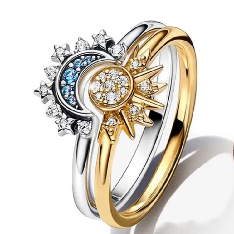 Sterling Zilveren Verstelbare Statement Ring met Zon en Maan Design