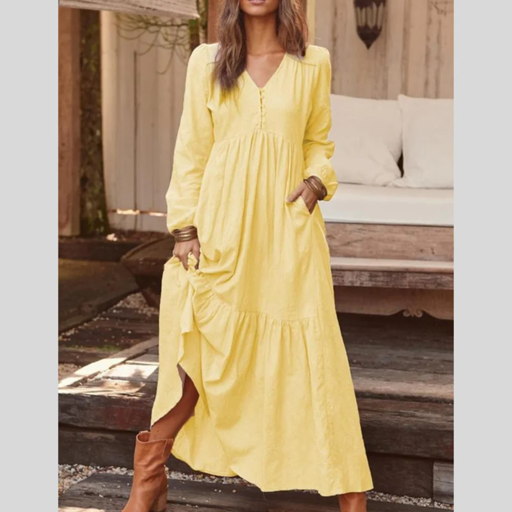 Full Size V-Neck Long Sleeve Tiered Maxi Dress Plus Size - ZKZOOK