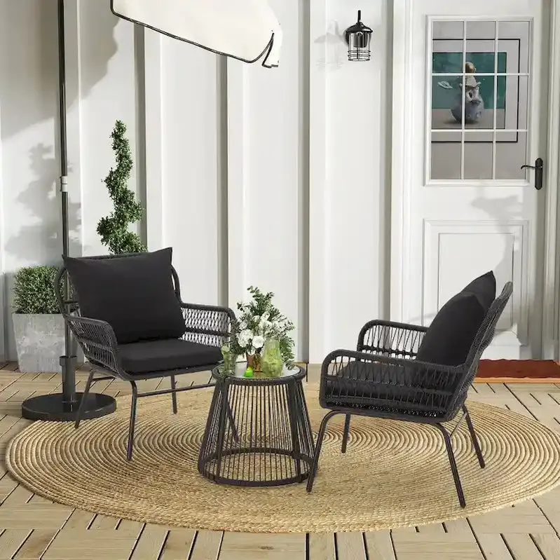 3-Piece Outdoor Rattan Bistro Set With Glass-Top Table, Wide-Arm Chairs And Seat Cushions - Image 6 3-Piece Outdoor Rattan Bistro Set With Glass-Top Table, Wide-Arm Chairs And Seat Cushions - Image 6
