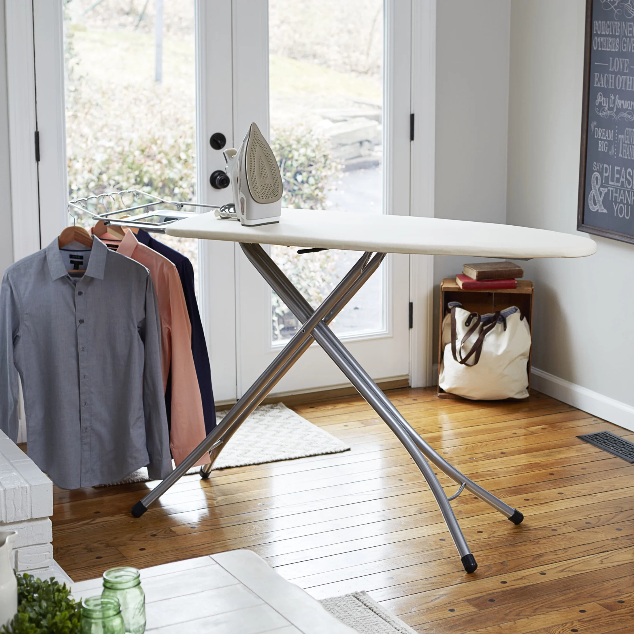 Household Essentials Wide Mega Ironing Board 4-Leg, Steel Top Pressing Station, Heat-Resistant Fiber Pad and Cotton Cover, Includes Sleeve Board and Iron Rest with Hanger Bar, Silver Frame - Image 4