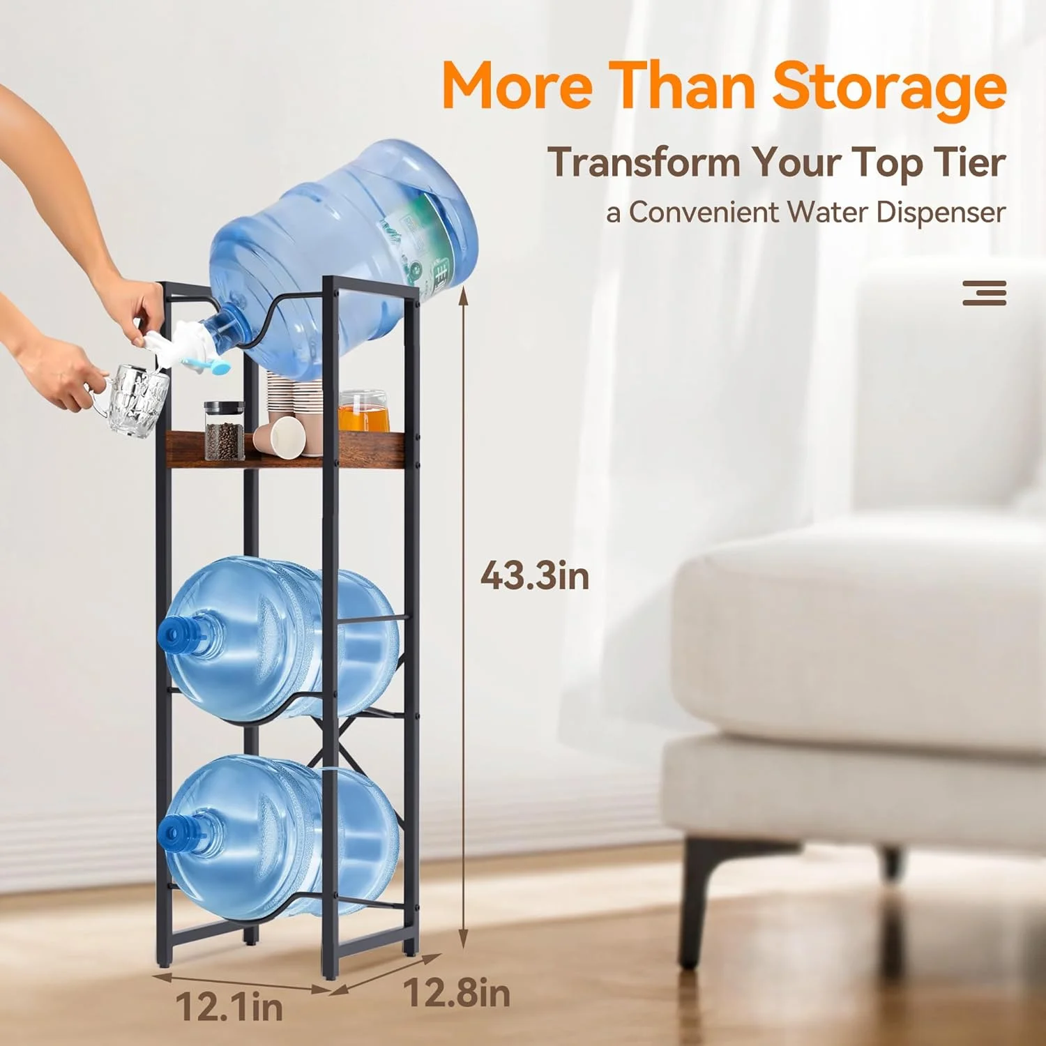 5 Gallon Water Bottle Jug Holder, Water Jug Stand with 55mm Water Dispenser Valve, Heavy Duty Water Bottle Storage Rack with Wooden Storage Tier for Kitchen, Home and Office
