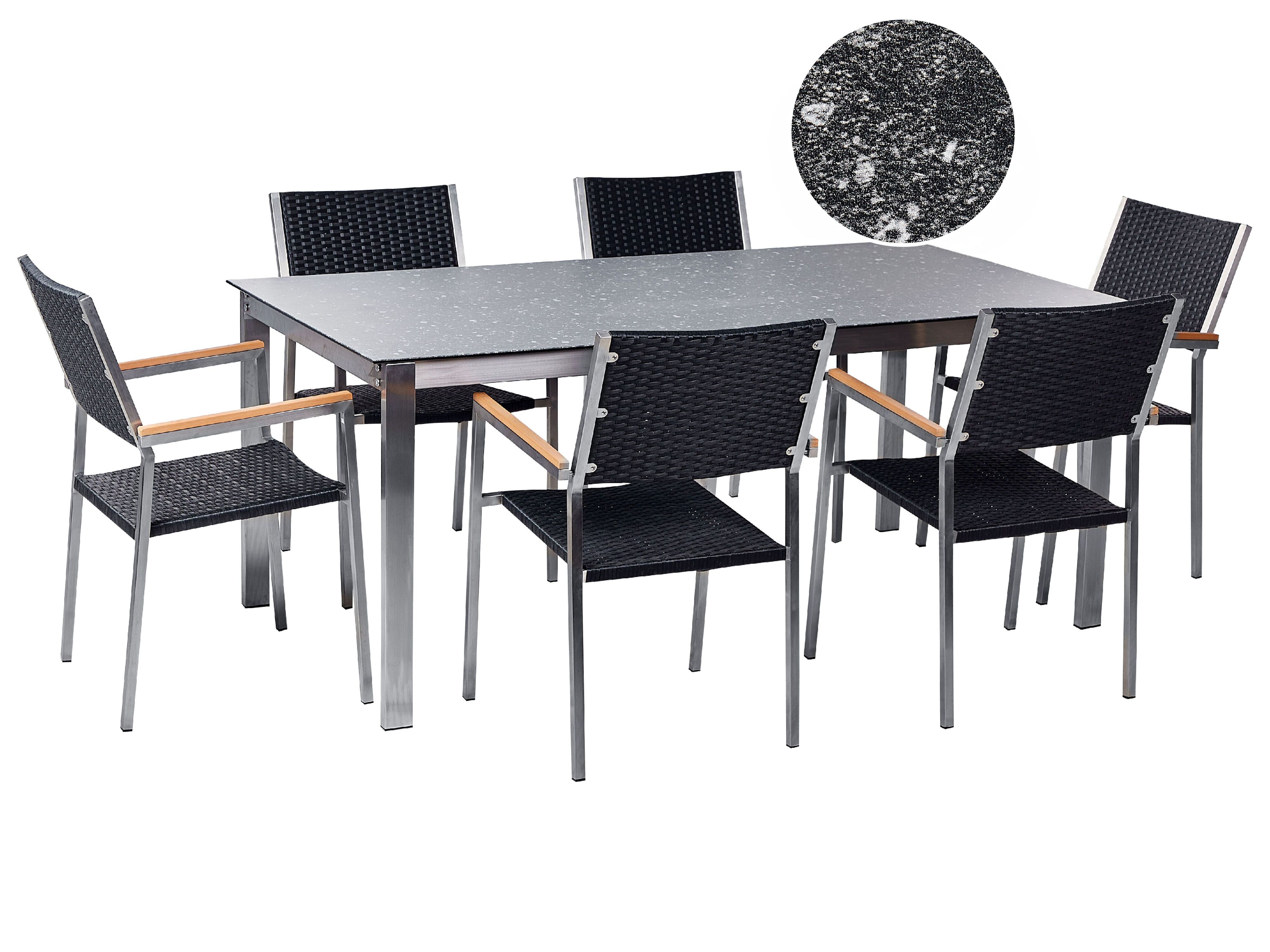 Garden Dining Set 6 Seater COSOLETO/GROSSETO Tempered Glass Granite Effect Black