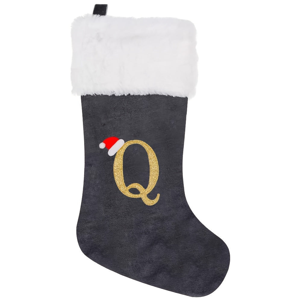 Gepersonaliseerde Fluwelen Kerstsok met Monogram – Modern Grijs Ontwerp