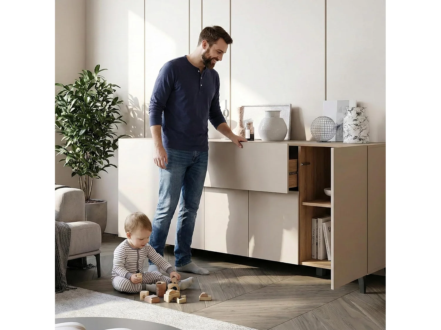 Bahut PHUKET 180 cm, armoire intérieure, commode grande capacité, buffet sur pieds, couleur blanc mat