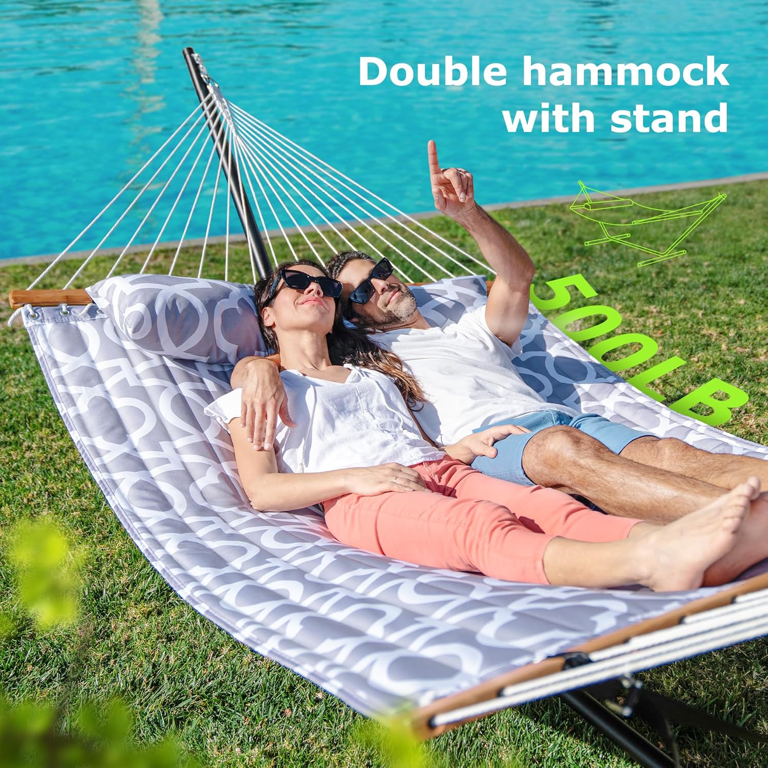 Double Outdoor Hammock With Adjustable Steel Stand, 500 LBS Capacity, Carrying Bag, White Grey - Image 2 Double Outdoor Hammock With Adjustable Steel Stand, 500 LBS Capacity, Carrying Bag, White Grey - Image 2