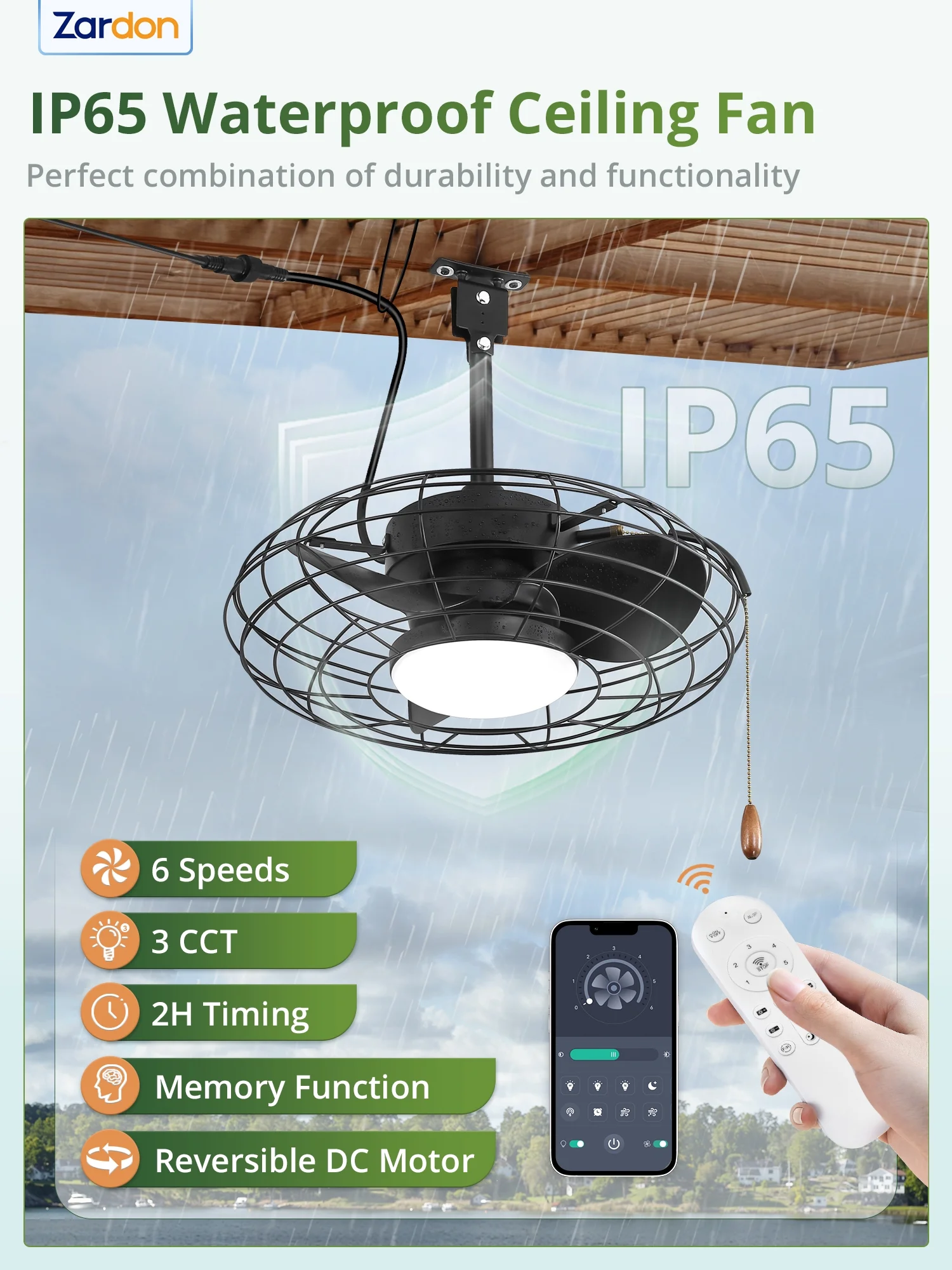 Zardon 20" Outdoor Ceiling Fan with Light and Remote, 7 Blades Caged Waterproof Gazebo Fan for Patio, Porch, Pergola Canopy, App Control - Image 17