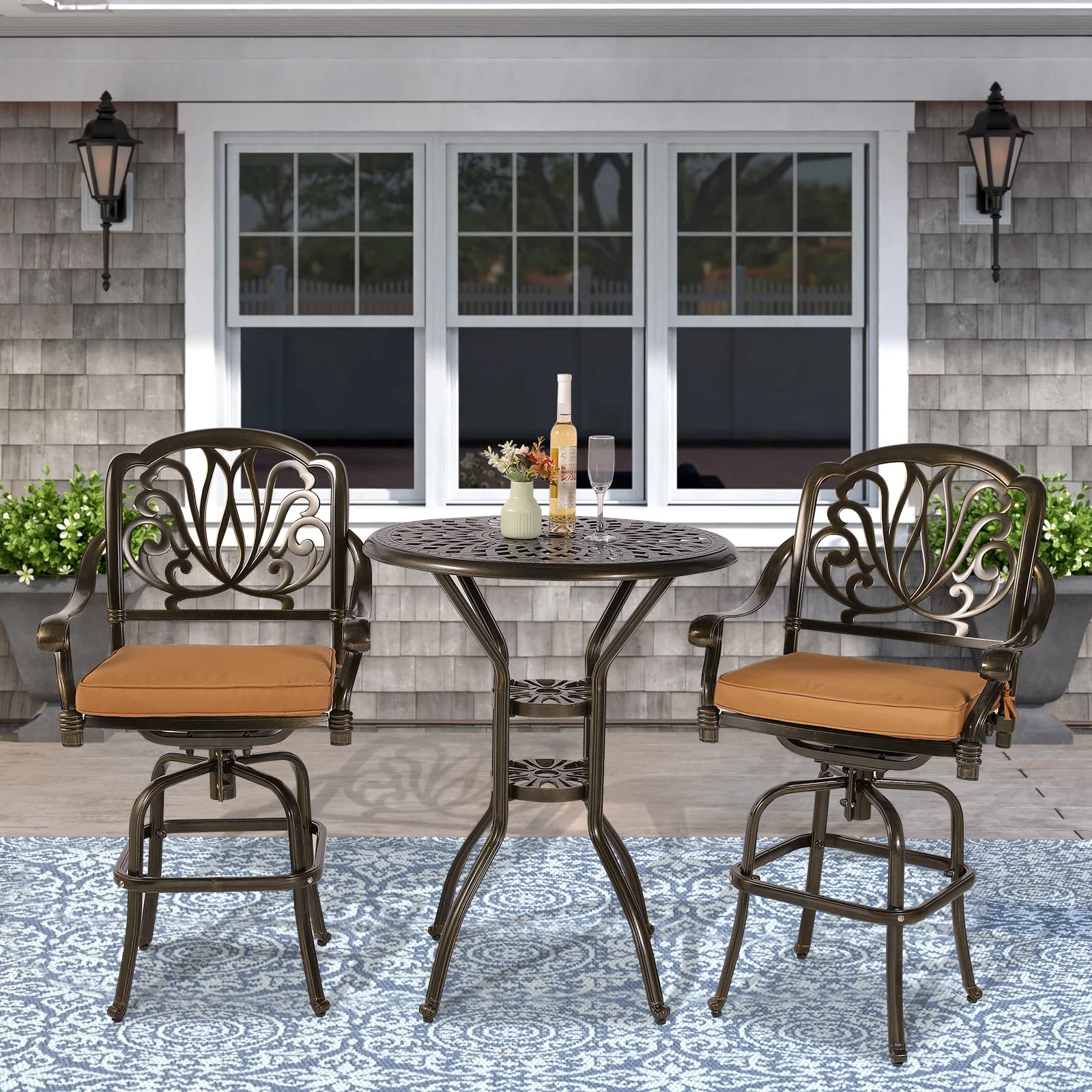 VIVIJASON 30.8" Round Cast Aluminum Patio Bar Table with Umbrella Hole, Antique Bronze - Image 2