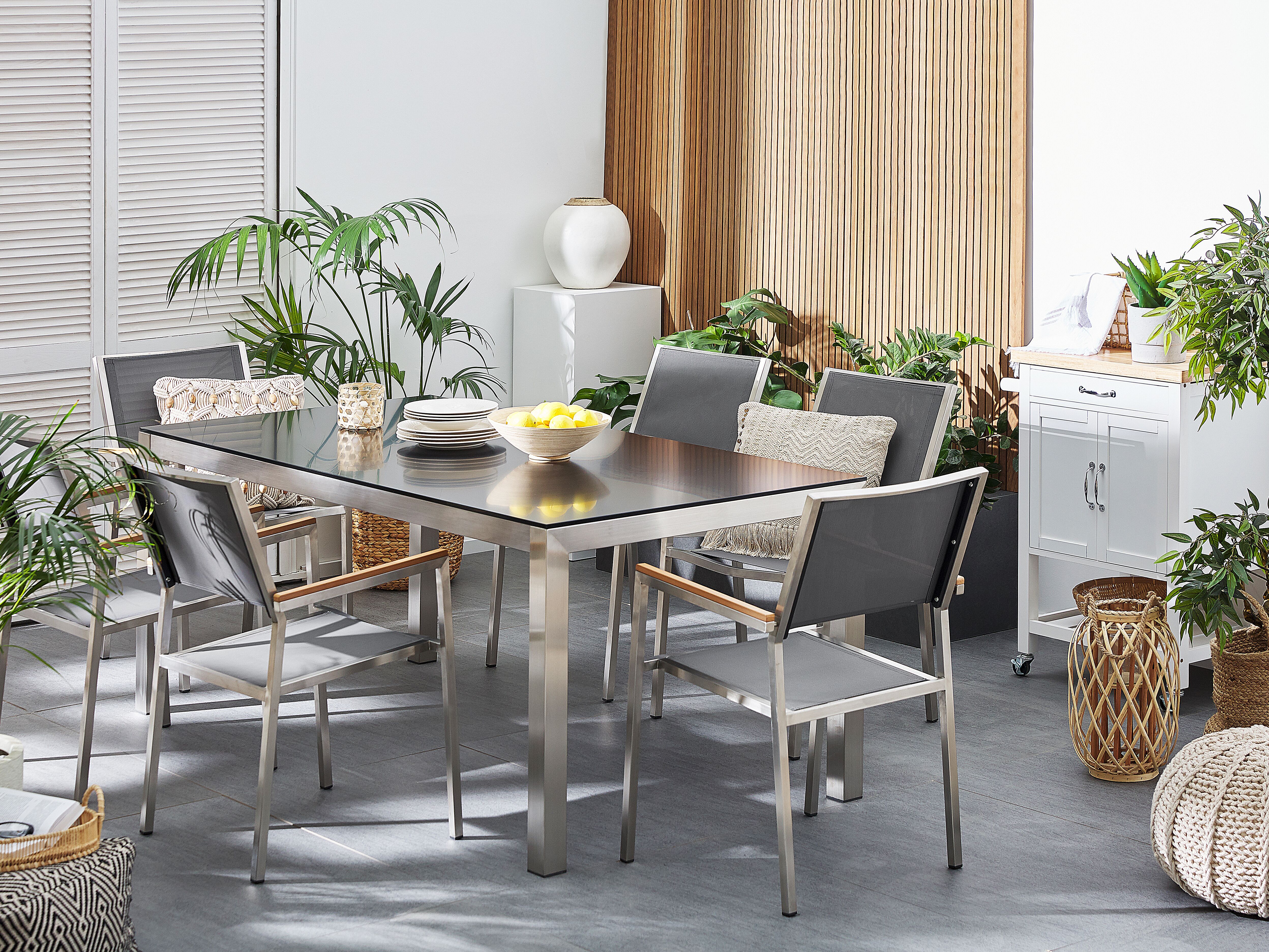Garden Dining Set 6 Seater GROSSETO Granite Polished Grey/ Black