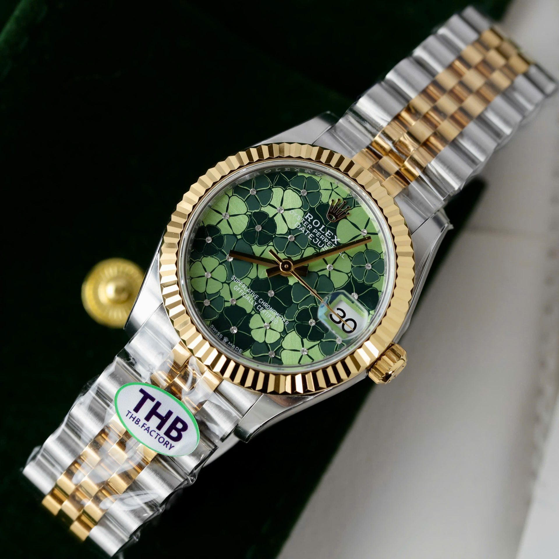Rolex DateJust Replica Watch Women Green Flower Dial THB Factory 31mm - Elite Watch Atelier