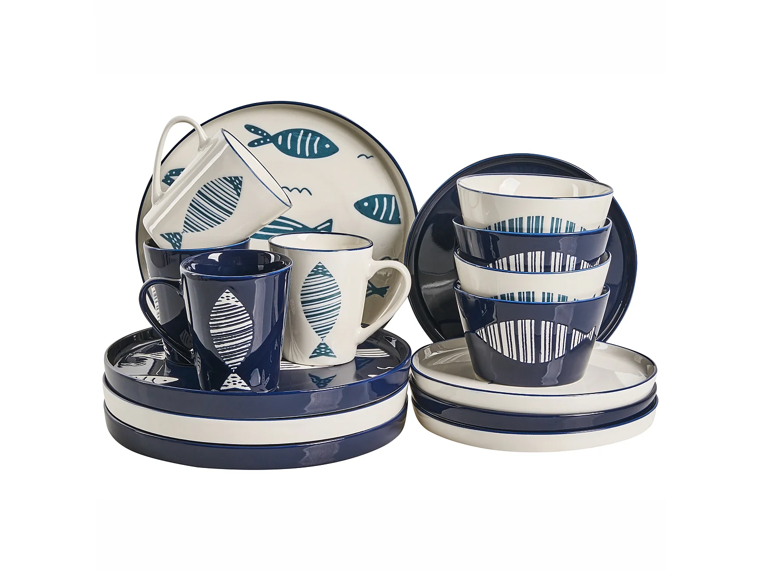 Set de 16 couverts de table TAMARIND Porcelaine Blanc/bleu