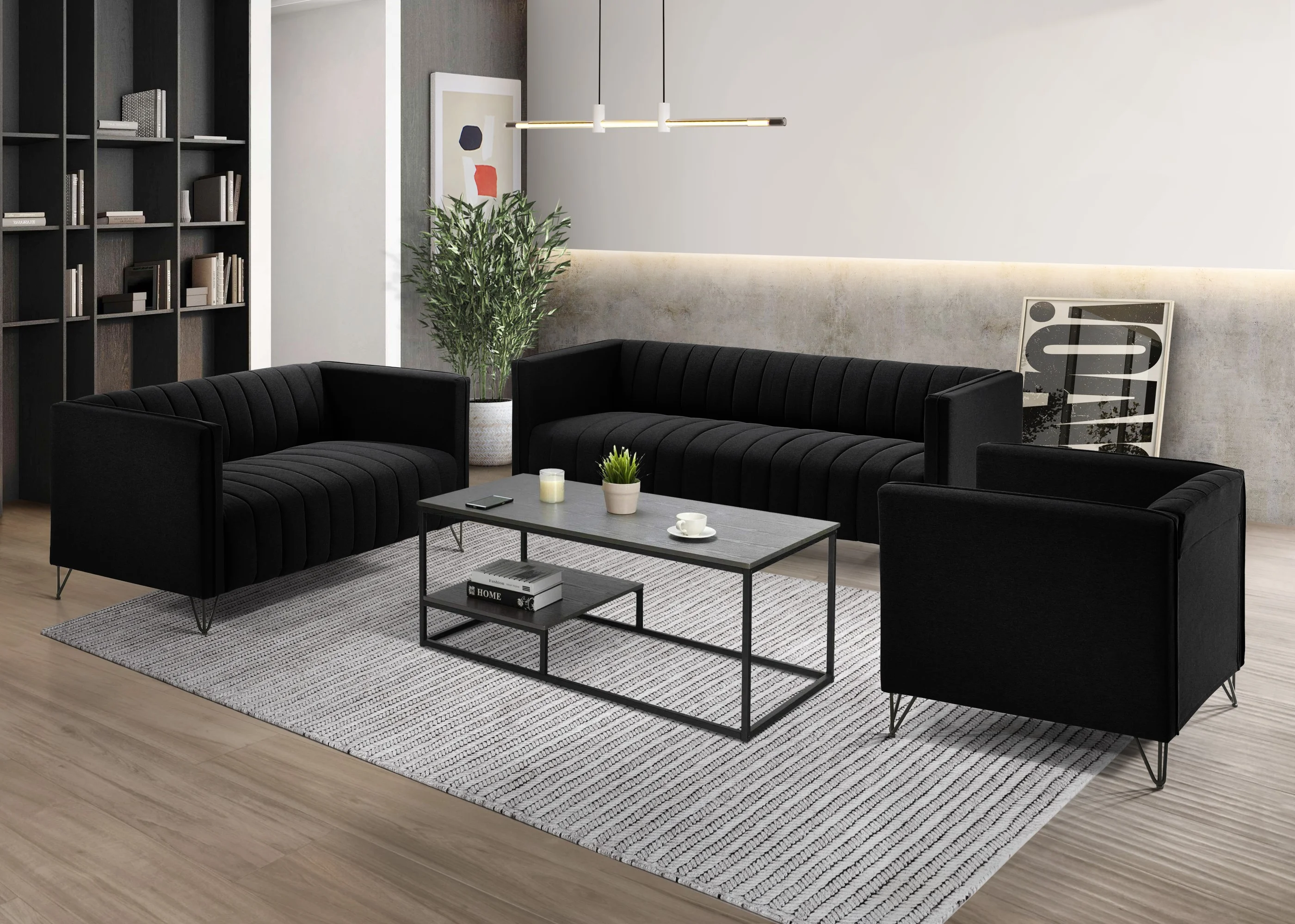 Home Design Kurtis Square Arm Loveseat with Tufted Velvet Upholstery and Gold Metal Legs, Flared Arms, Modern Living Room Seating, Black