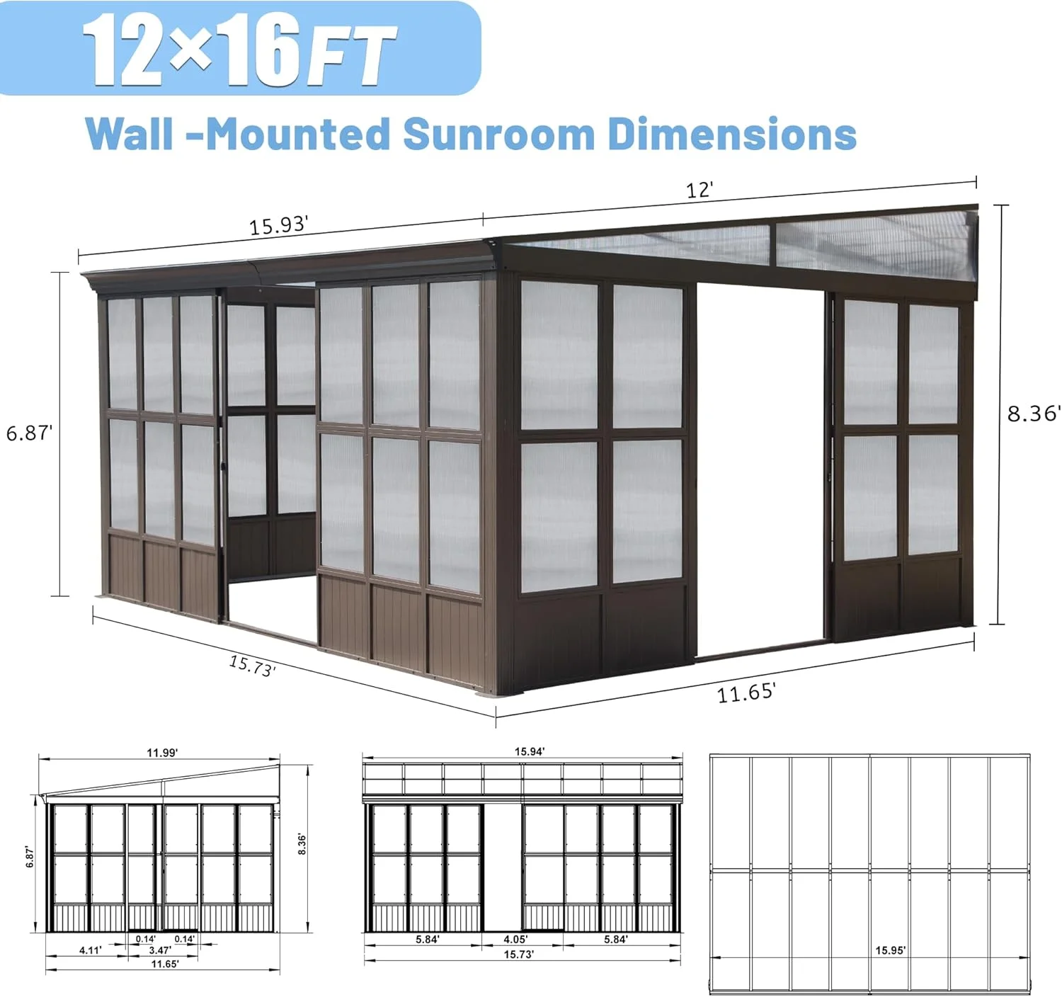 TOTAL Outdoor 10'x12' All-Season Sunroom Gazebo with Steel Roof, PVC Screen, Front & Side Door, Brown - Image 19